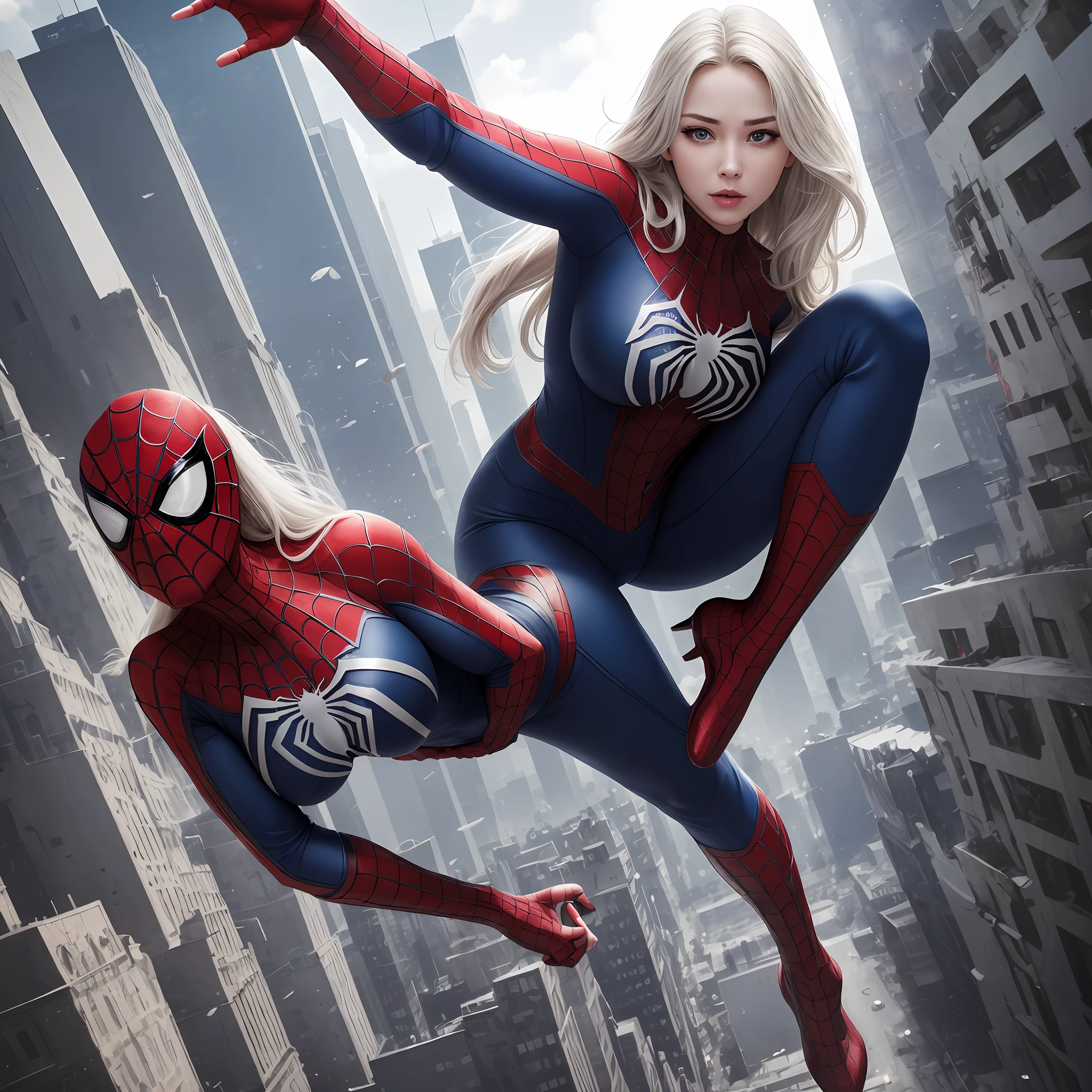 4k, realistic, charismatic, very detail, cute girl on top city, wearing spiderman costum,no mask , she is a spiderwoman, white super hero theme, white long hair, 22 years old, (big breast) full body --auto