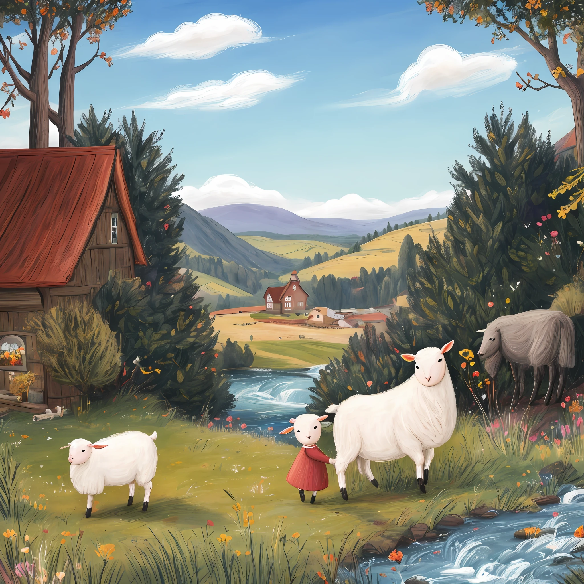 Create a heartwarming illustration of the Lost Lamb and its caring shepherd in a picturesque countryside scene. The lamb is depicted as fluffy and adorable, with a timid yet hopeful expression. The shepherd, portrayed as a gentle figure, is guiding the lost lamb back to safety with a kind and reassuring presence. Surround them with rolling hills, a peaceful stream, and a flock of contented sheep grazing nearby. Use the delicate and detailed style of Beatrix Potter to bring out the innocence and warmth of this tender moment. Let the illustration evoke a sense of comfort, guidance, and the enduring bond between a shepherd and their flock, reminiscent of Beatrix Potter's timeless illustrations in her beloved children's books."