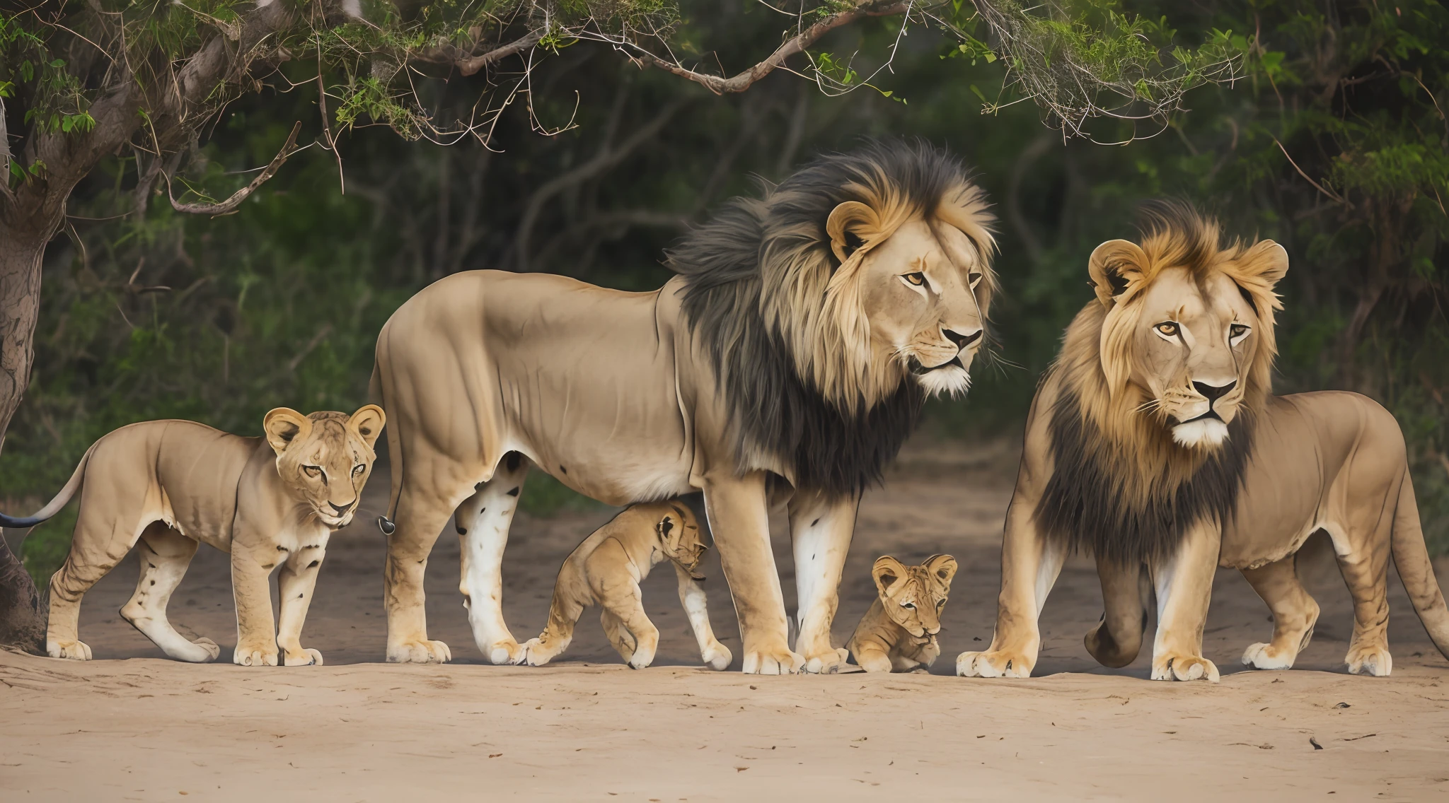 Family of five lions, an adult lion, an adult lioness and two  lionesses and a lion child, deitados, felizes, brincando, na selva e no fundo o oceano