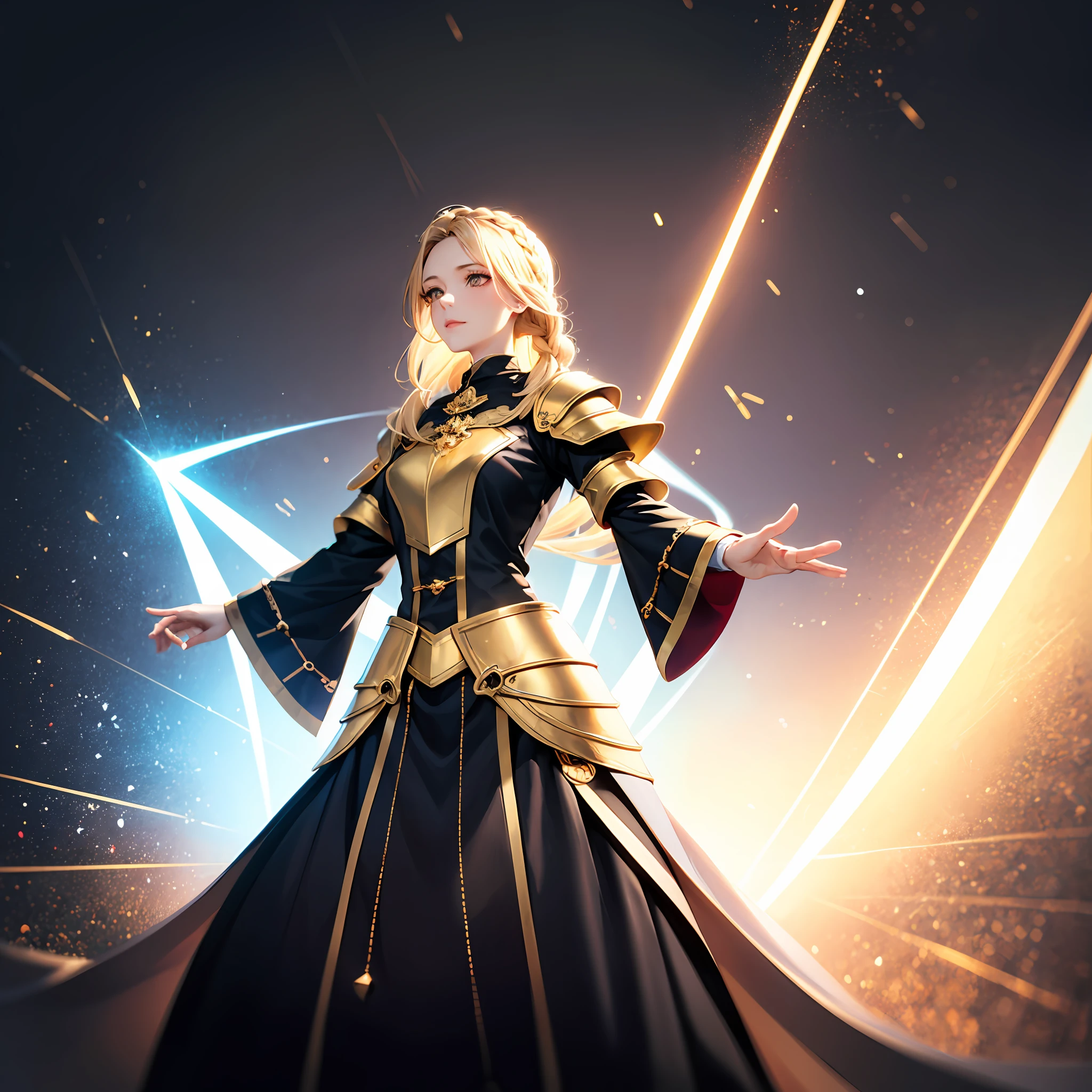 The girl exudes a warm yellow light, blonde woman, average hair length, Clergyman's armor, levitation, full length, gray eyes, Divine power, braided hair, Magic, light background, Dark outfit with gold