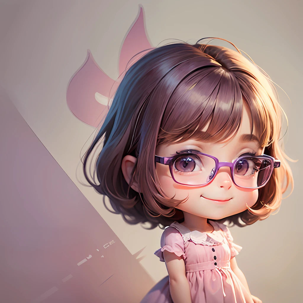 an illustration of a Chibi-style girl, in lilac and pink dress, short brown hair and pink glasses, smiling, rendered by Pixar on plain white background, 16k, highly rendered, nursery artwork --auto --s2