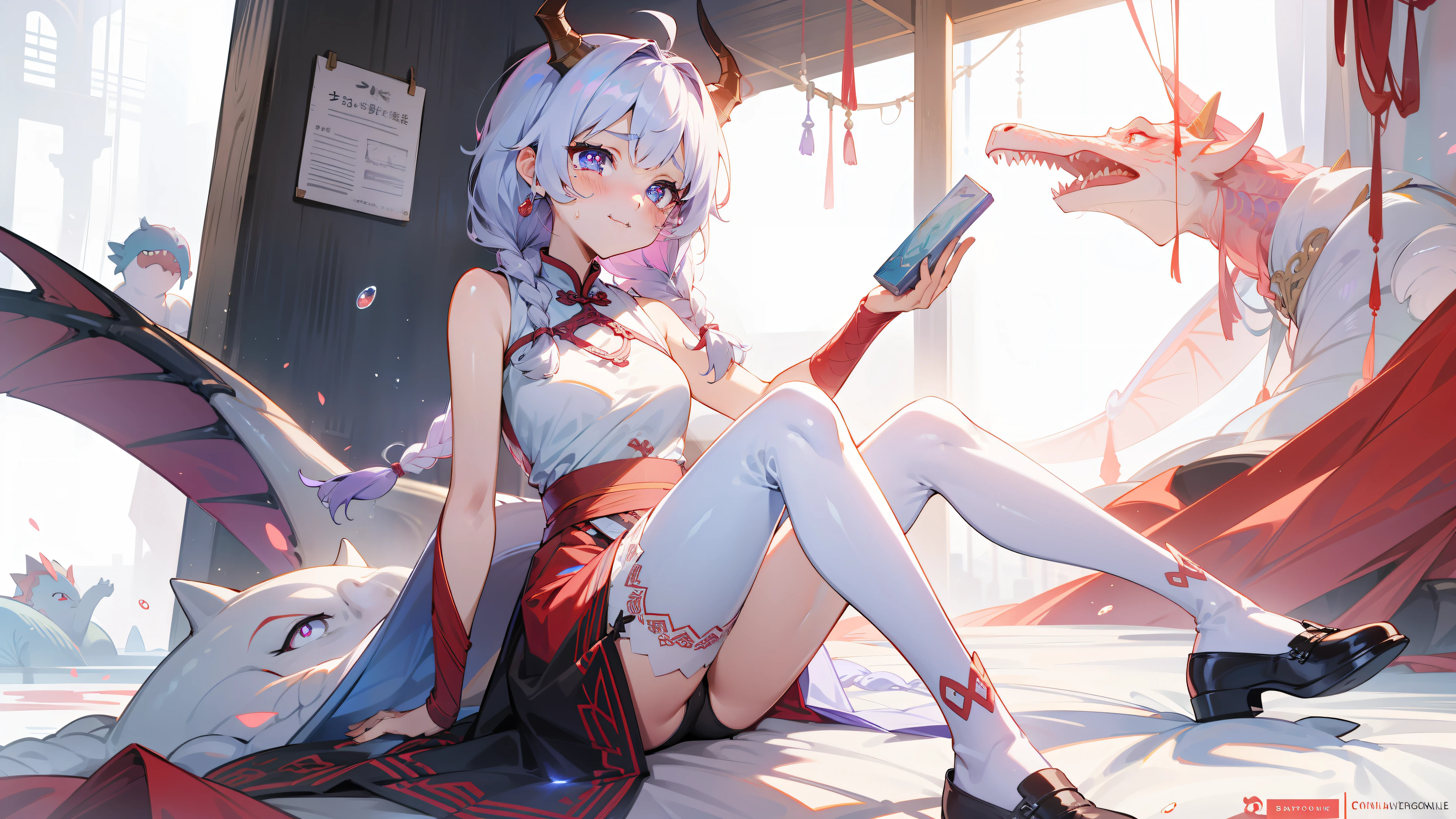 section,8K分辨率,s the perfect face,exquisite facial features,femele,a beauty girl,Watery eyes,Flirting smiles,whaite hair,Twist braids,Fluffy hair,Dinosaur tail,Beautiful,Ark of tomorrow,eyes glowing,White cheongsam,Comely,Titillating,Red horns on the head,Dragon's horn,banya,Braided hair,Twist braids,Braided hair,Purple pupils ,Purple eye,white clothes,Red tail,teardrop,streaming tears,weeping,whitestocking,Delicate