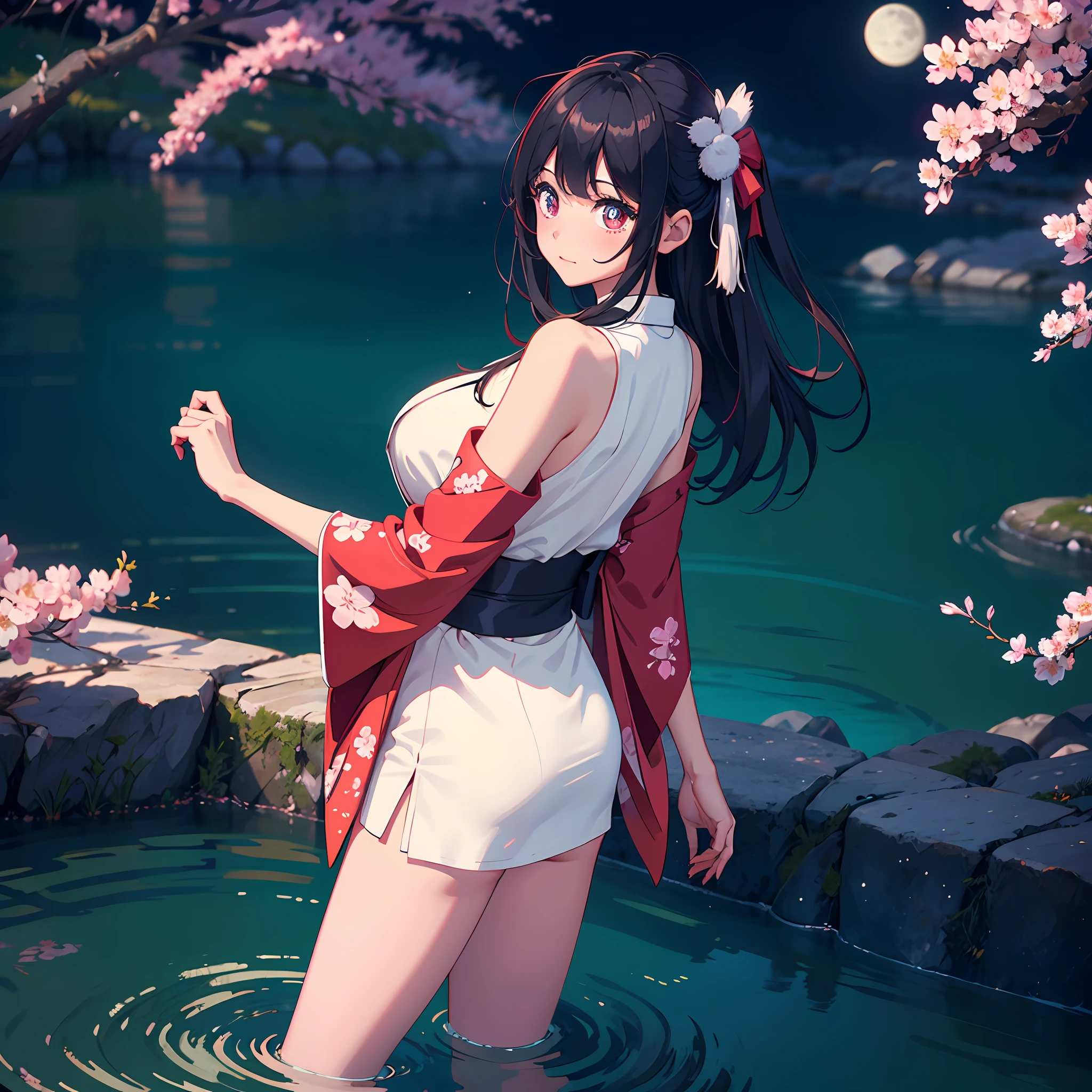 femele,Side Body,Big breasts,Pubic hair shows through,Japanese white kimono,moon full,cropped shoulders,red waistband,long whitr hair,Japanese kimono hair,brunette color hair,wading,show legs,Cherry blossom hair accessories ,the night,独奏,Front focus,(((tmasterpiece),(Very detailed CG unity 8k wallpaper),best qualtiy,,独奏,1girl,cinmatic lighting,detailed back ground,beatiful detailed eyes,Bright pupils,(very fine and beautiful),(Beautiful and detailed eye description),ultra - detailed,tmasterpiece,)),