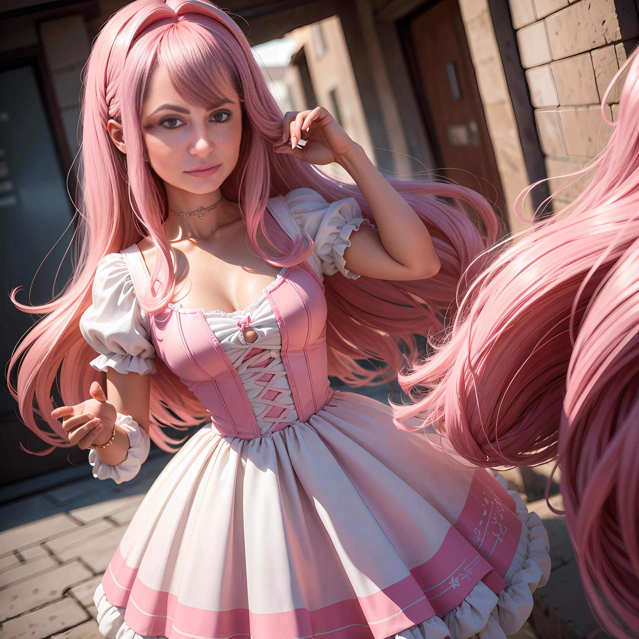 Uma barbie ultra realista com cabelos pretos com um vestido rosa dentro de uma caixa rosa