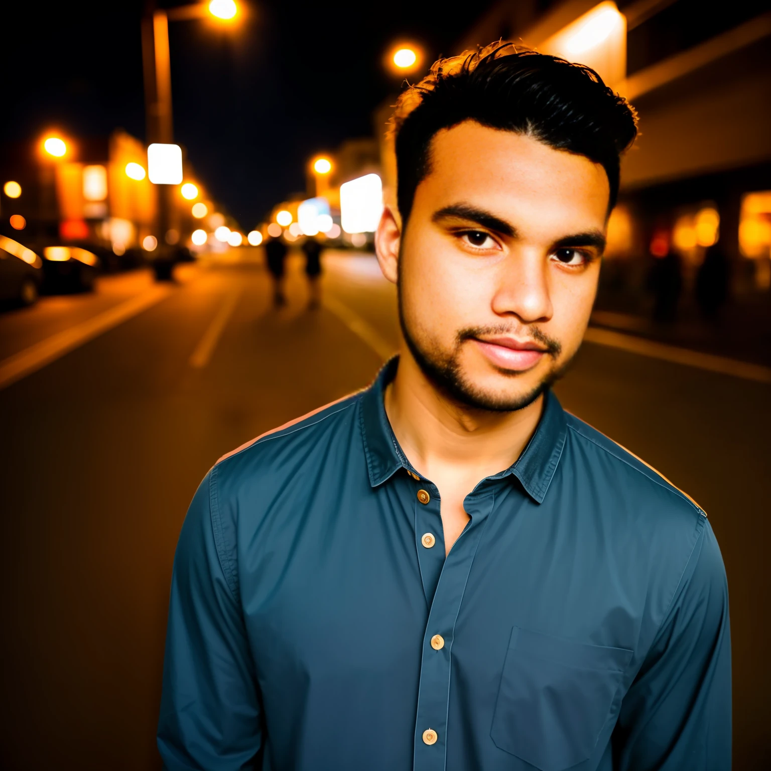 RAW photo, a portrait photo of 25 y.o man in casual clothes, night, city street, (high detailed skin:1.2), 8k uhd, dslr, soft lighting, high quality, film grain, Fujifilm XT3