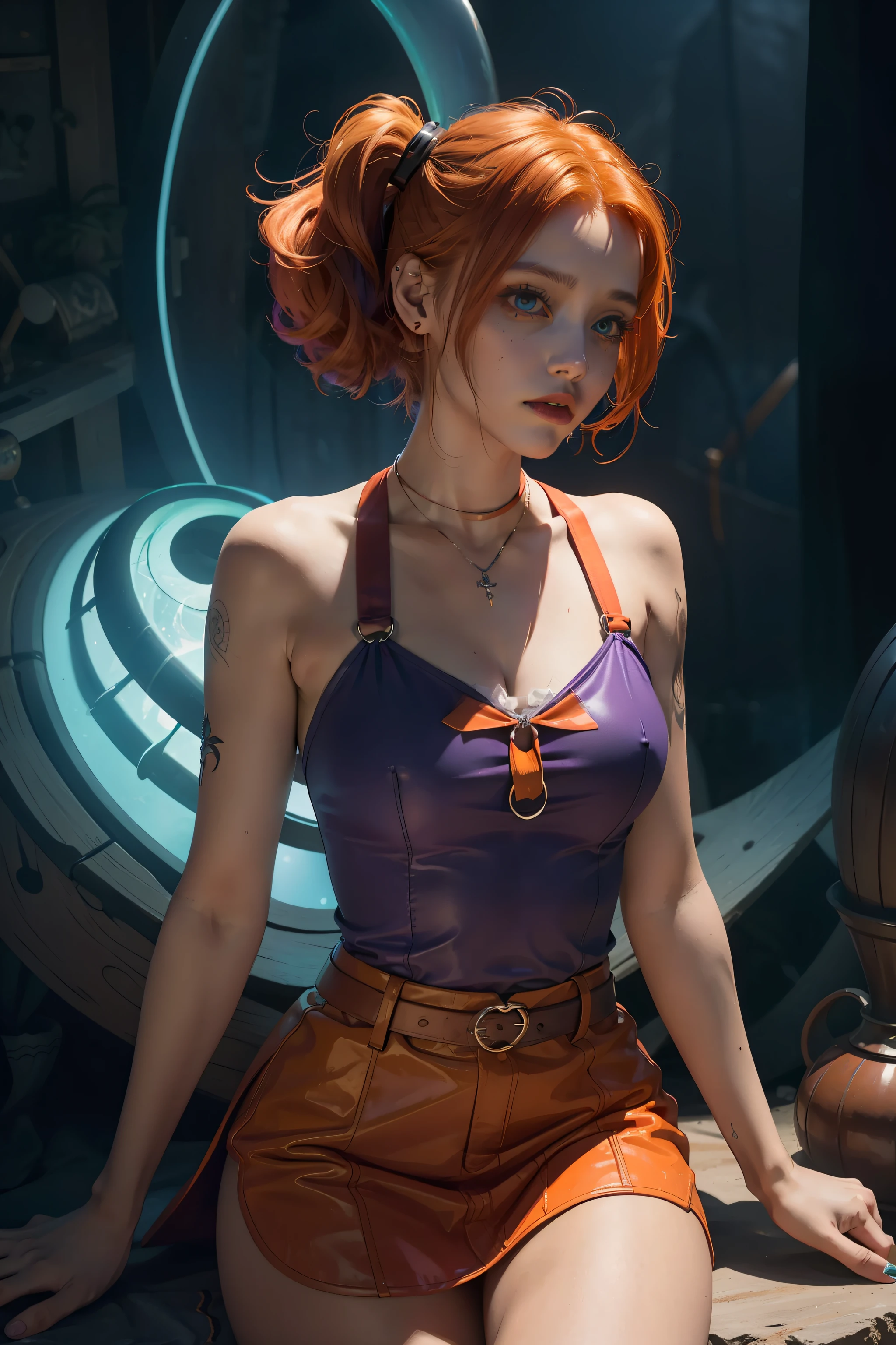 Harley Quinn concept art, overhead angle of a Will-o'-the-wisp, wearing Funny Somali Emerald deep orange Pinafore, Caramel hair styled as Short hair, fluorescent purple Hair tie, equirectangular 360, Highres, official art, unity 8k wallpaper, ultra detailed, aesthetic, masterpiece, best quality, photorealistic