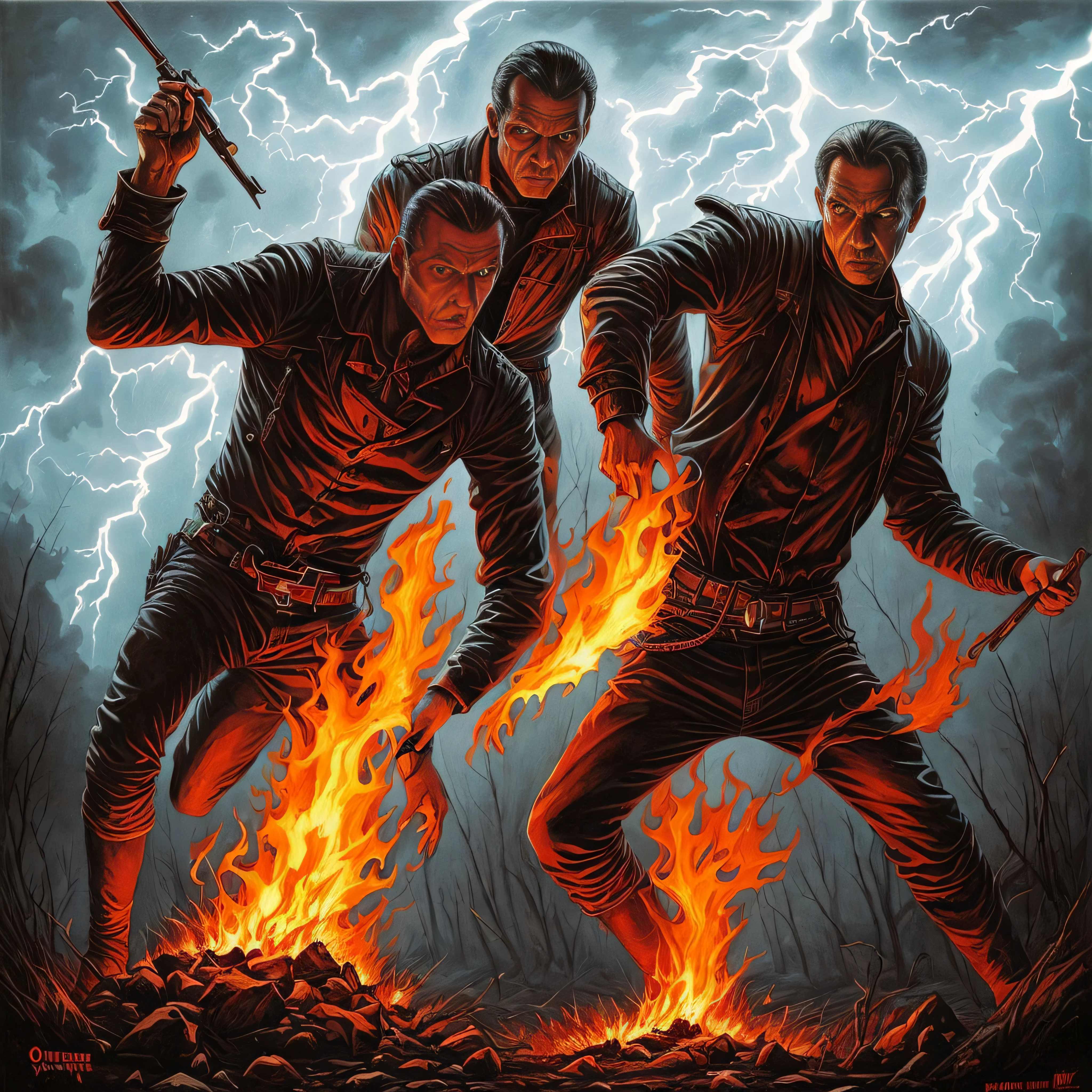 Arte pulp de terror. Vintage, pintura, esqueleto humano, ossos. Fire and lightning. --auto