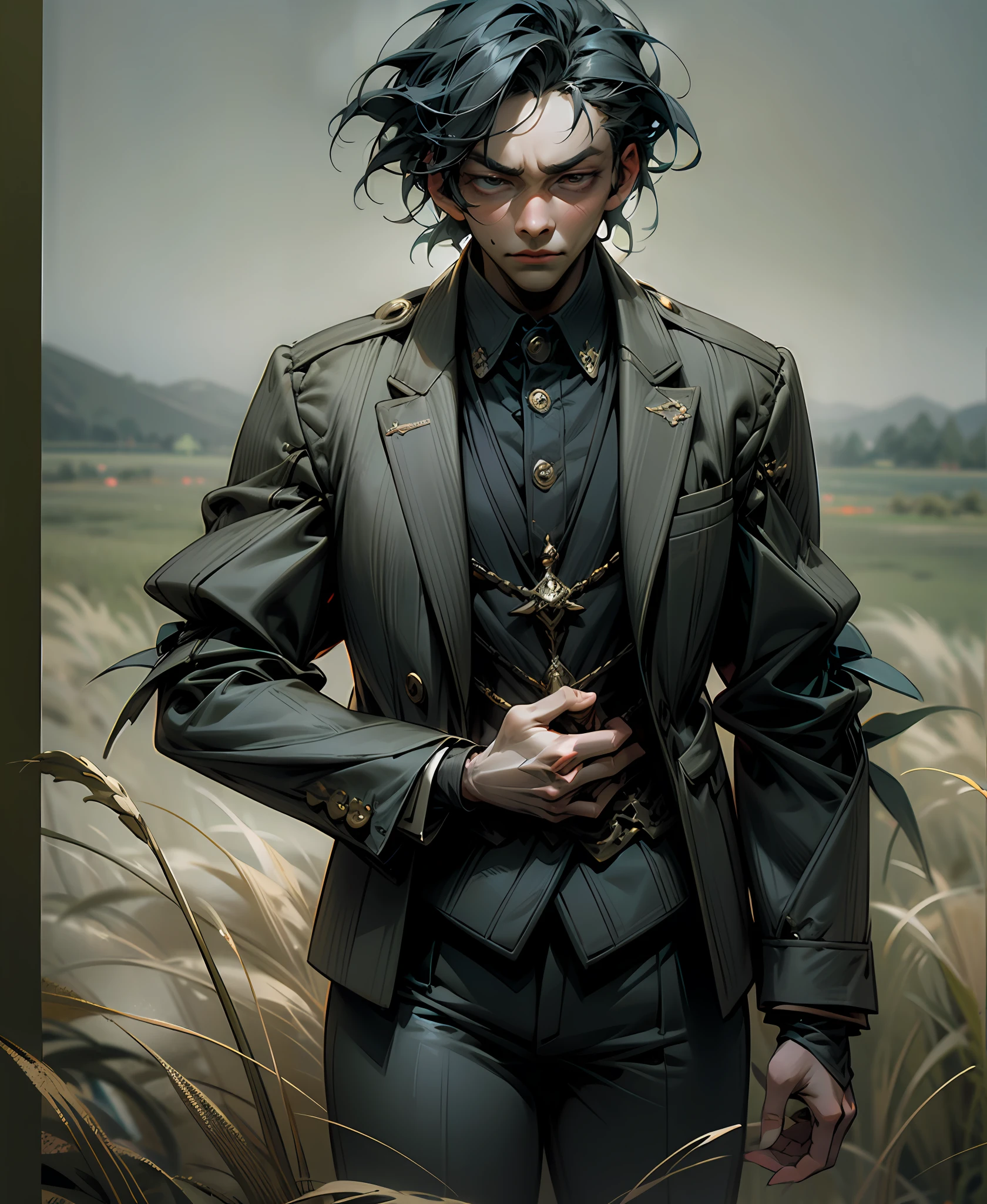 a man stands with his head down in some tall grass, in the style of fashion photography, scottish landscapes, light bronze and dark blue, deconstructed tailoring, genderless, close-up shots, brooding mood --auto --s2