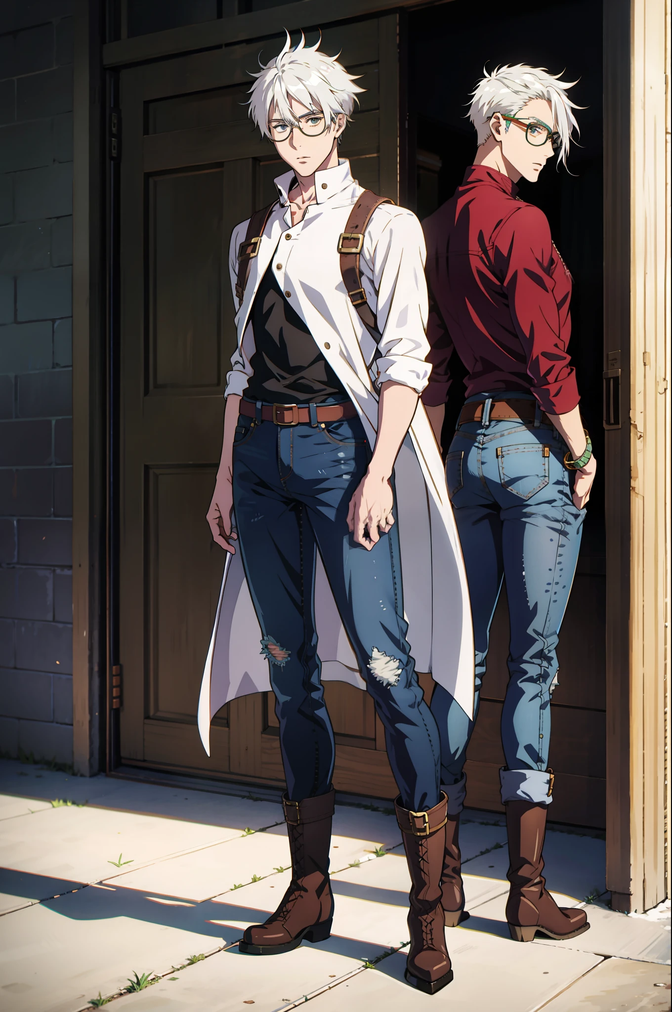 White-haired anime male character wearing glasses wearing boots, jeans, and boots