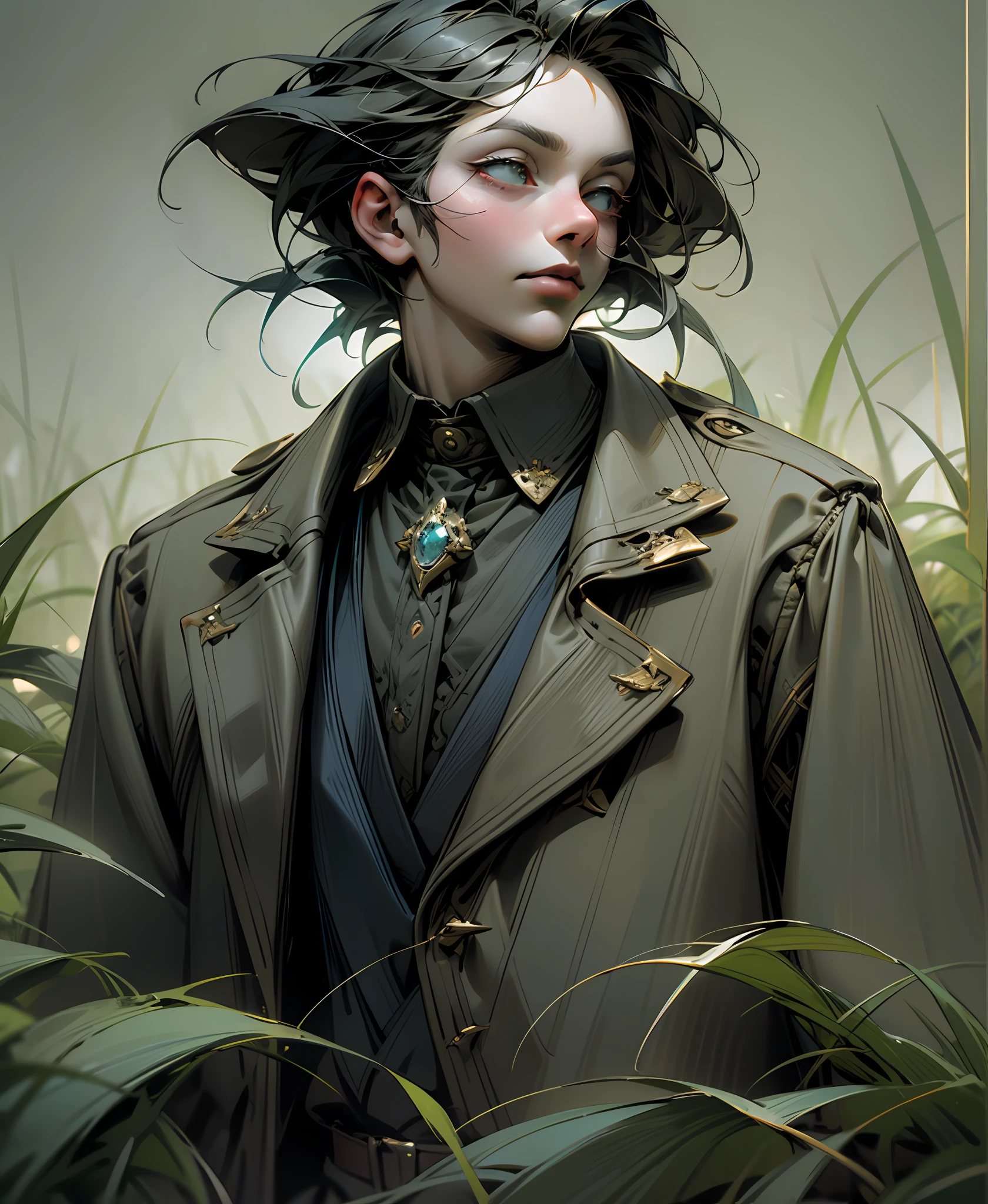 a man stands with his head down in some tall grass, in the style of fashion photography, scottish landscapes, light bronze and dark blue, deconstructed tailoring, genderless, close-up shots, brooding mood --auto --s2