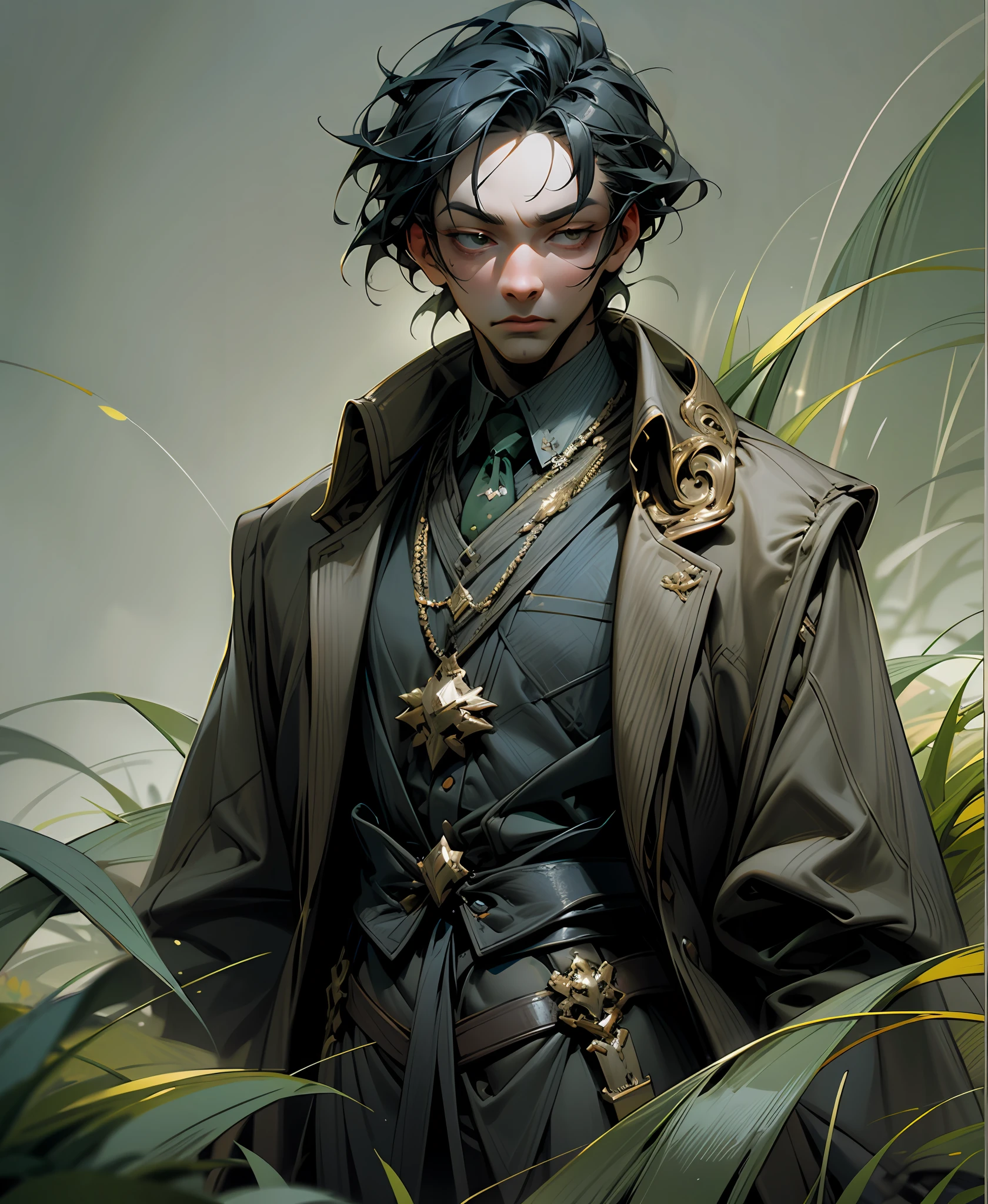 a man stands with his head down in some tall grass, in the style of fashion photography, scottish landscapes, light bronze and dark blue, deconstructed tailoring, genderless, close-up shots, brooding mood --auto --s2
