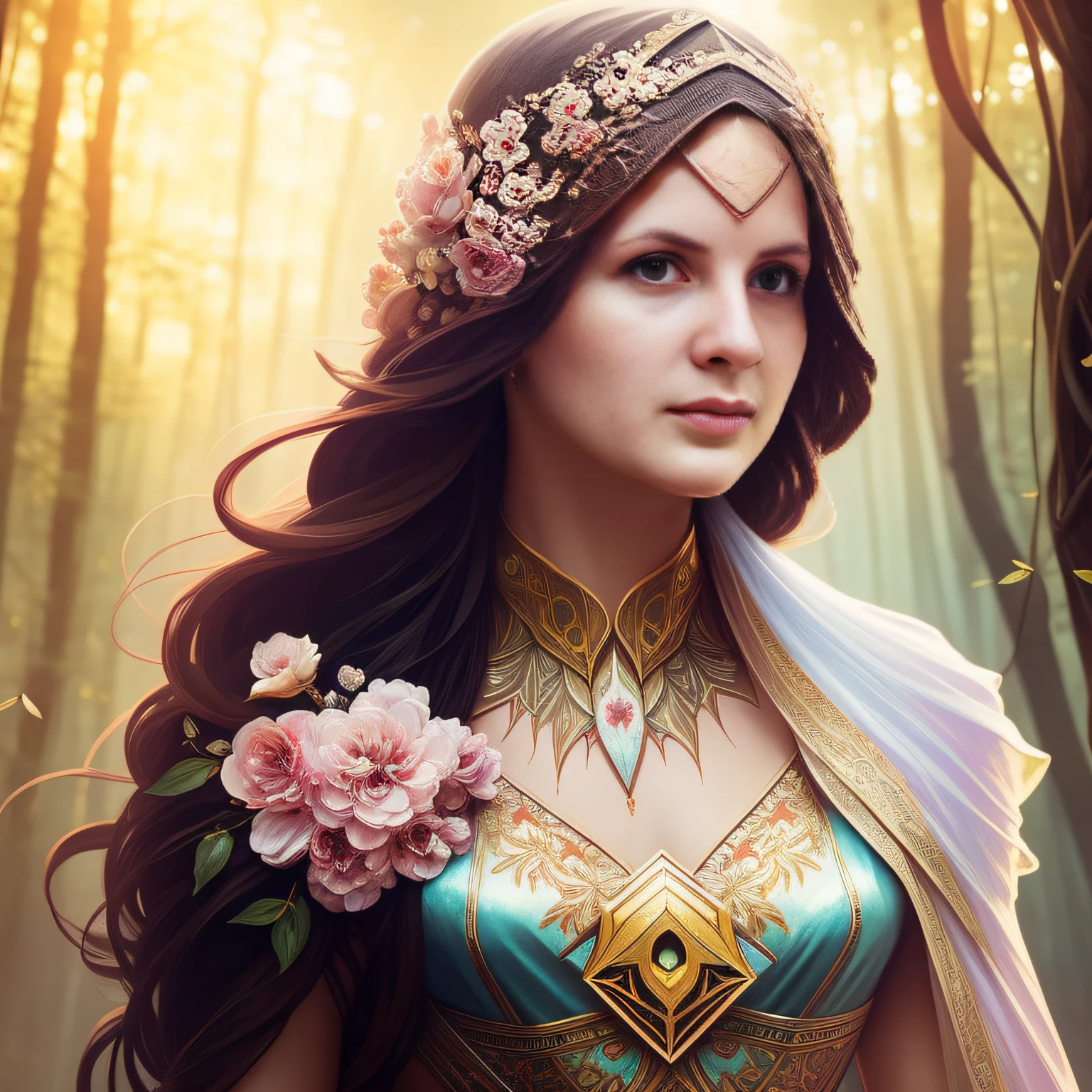 (symmetry: 1.1) (floral portrait: 1.05) a woman as a FAIRY OF THE FOREST, (assassins creed style: 0.8), pink and gold and opal color scheme, beautiful and intricate filegrid face painting, intricate, elegant, highly detailed, digital painting, art station, concept art, smooth, sharp focus, illustration, art by Greg Rutkowski and Alphonse Mucha, 8K --auto