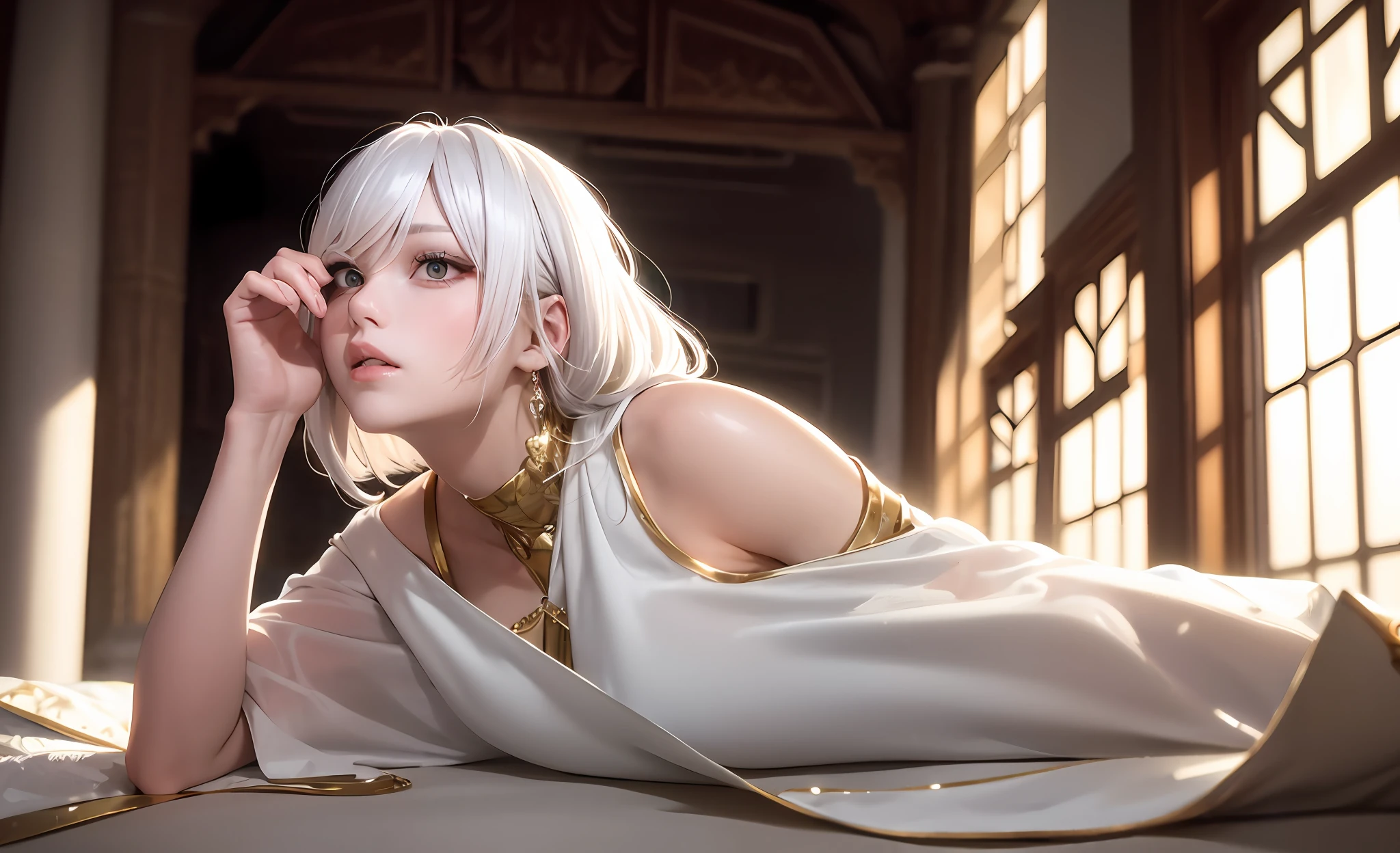 best quality, masterpiece,white hair, gold eyes,white clothes, looking up, upper body,hair strand,Fair skin,side braids