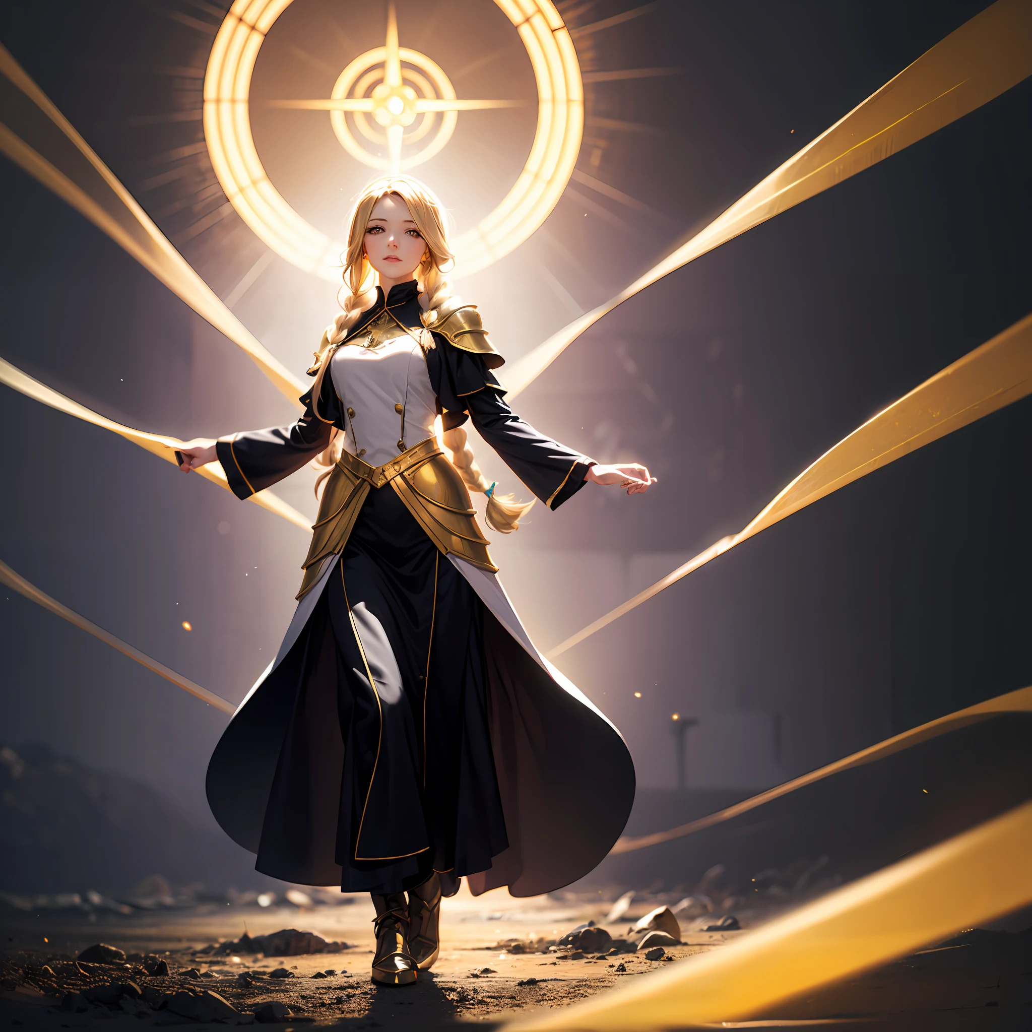 The girl exudes a warm yellow light, blonde woman, average hair length, Clergyman's armor, levitation, full length, gray eyes, Divine power, braided hair, Magic, light background, Dark outfit with gold