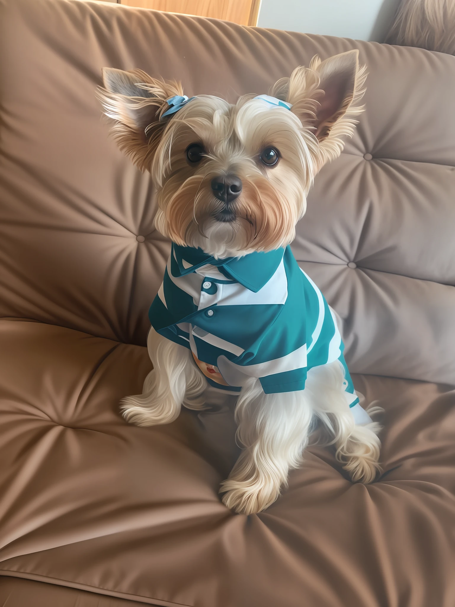 ((obra prima)), cinemactic, Yorkshire terrier sitting on a couch wearing a blue and white shirt, Yorkshire Terrier, tirado no iphone 14 pro, Looking towards the camera, staring directly at camera, olhar expressivo, Retrato frontal, Tomado com Sony Alpha 9, vestindo camisa polo, tirado no iphone 1 3 pro, staring directly at camera, Foto retrato, um bonito, vestindo uma camisa, front facing the camera, poster do filme barbie