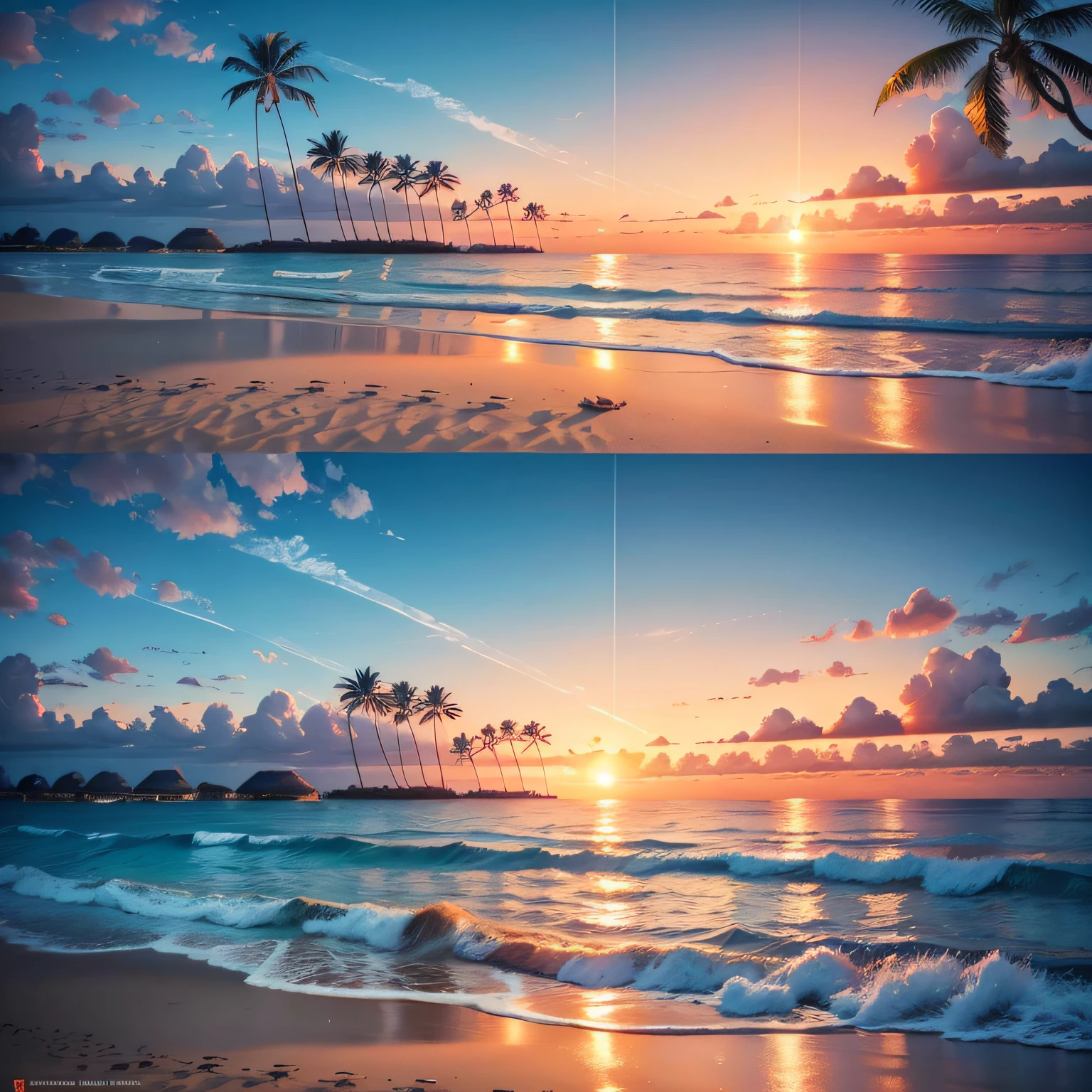 Create a 4K 9:16 image that depicts a stunning sunrise on a tropical beach, with gentle waves and palm trees along the coast. The color palette should be vibrant and convey a sense of renewal and positive energy. --auto