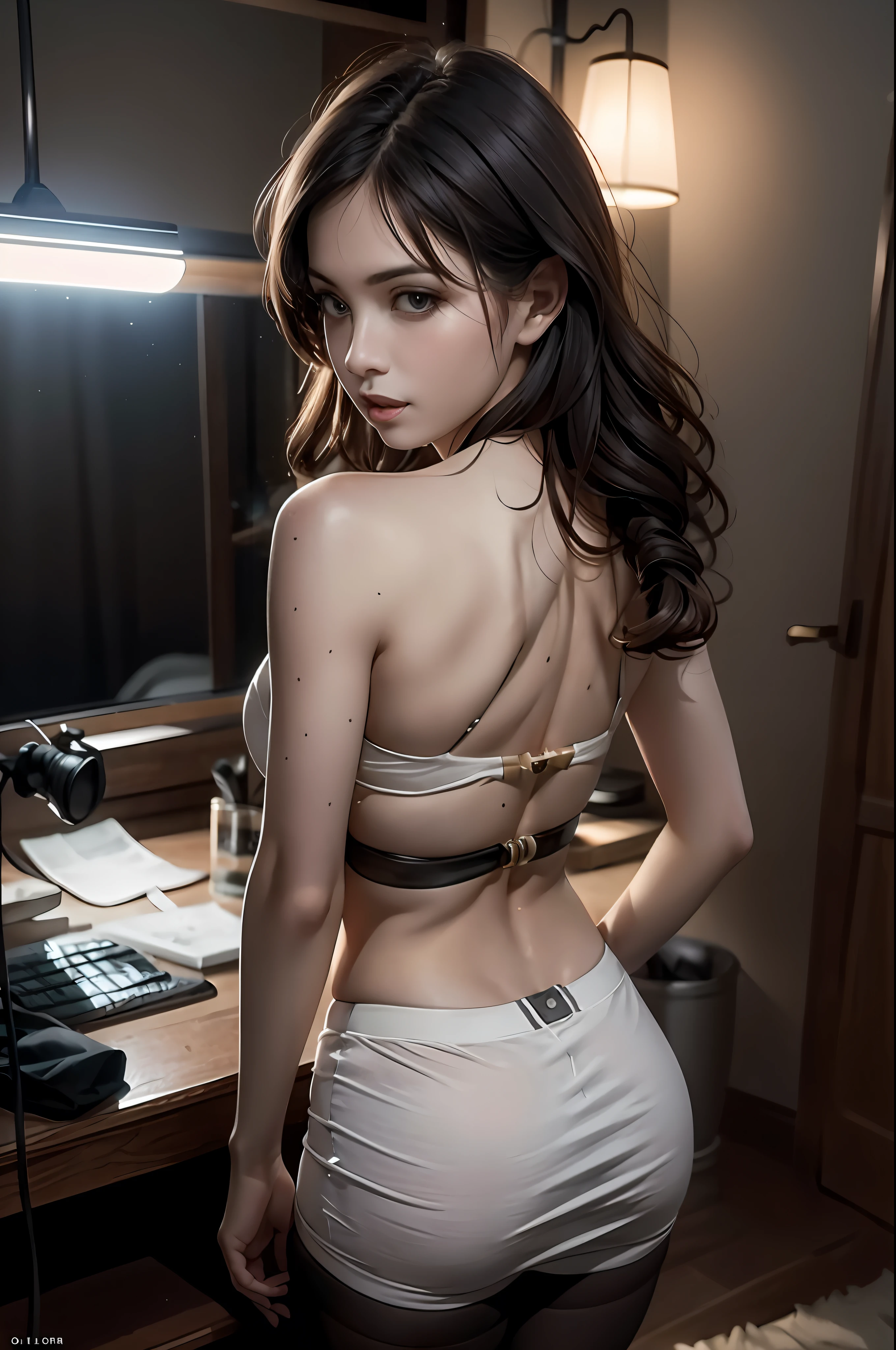 Ultra high resolution, (realistic, photorealistic: 1.1), full body, straight back, naked, night, professional lighting, detailed lighting, photon mapping, radiosity, physically based rendering, backlighting, depth of field, nakedness, film grain, professional photography, , fine eyes, realistic eyes, detailed shadows, detailed lighting, (detailed hair, realistic hair, realistic lighting, lifelike) shadows, realistic clothes), realistic skin, realistic reflection of light from above, (back arms), (back hands), tube top, sexy, night, stockings, small breasts: 1.2