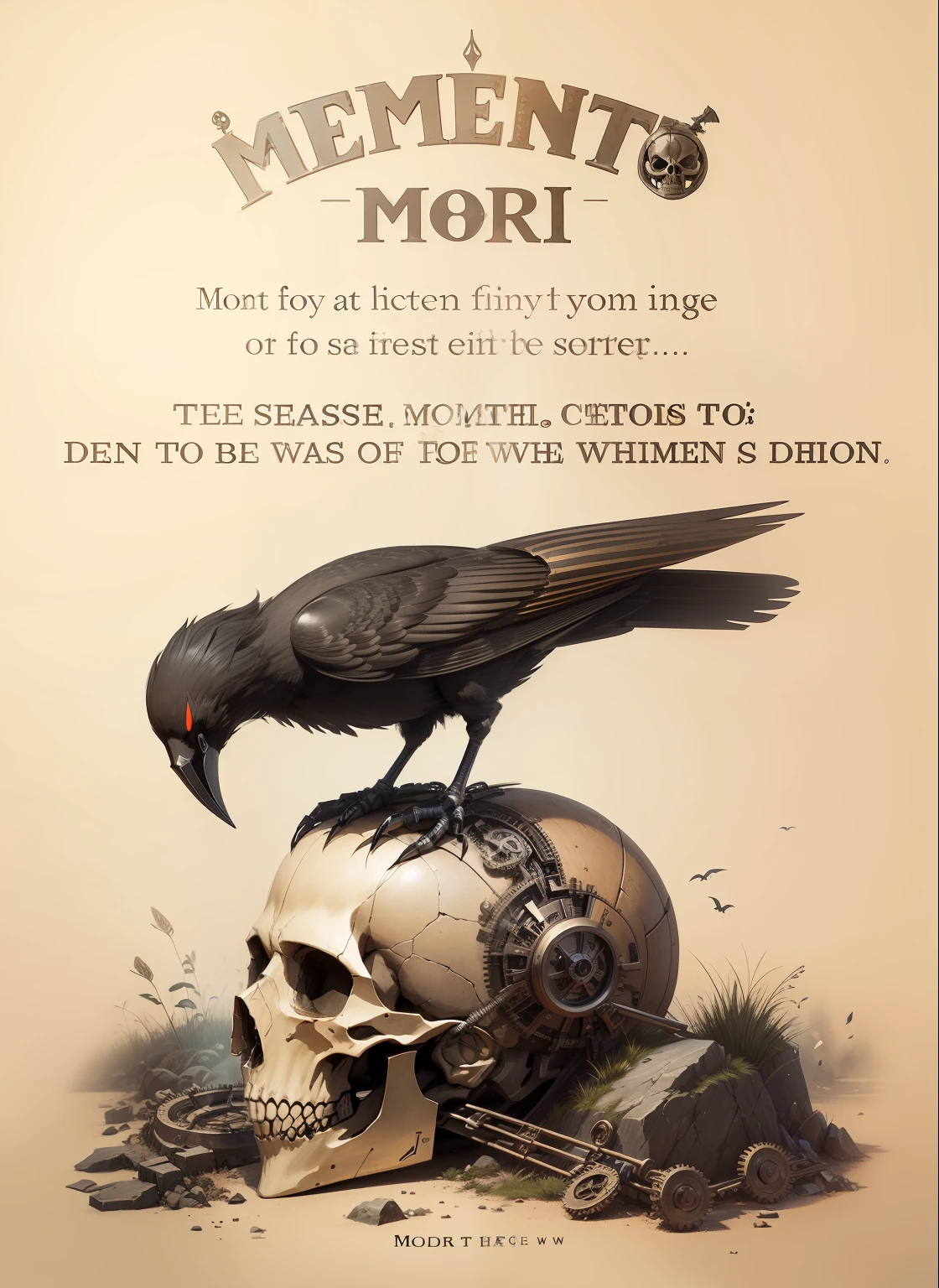 modern mechanical style, I.A., masonry symbol on forehead, mechanical skull, mechanical crow, 2D style,steampunk style, no peaple, no women, no men, no 3d style. --auto
