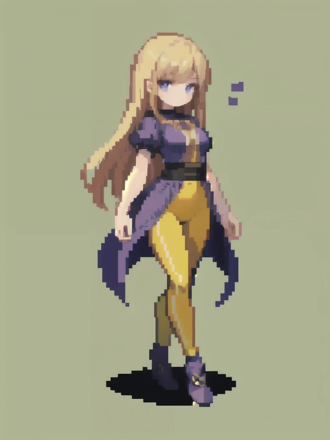 (masterpiece, top quality, best quality), pixel, pixel art,1girl, full body, human, warrior, young, curious look, white skin, purple irys, long blond hair, purple dress, beneath yellow leggings, sprit for the game, low res, pixel art