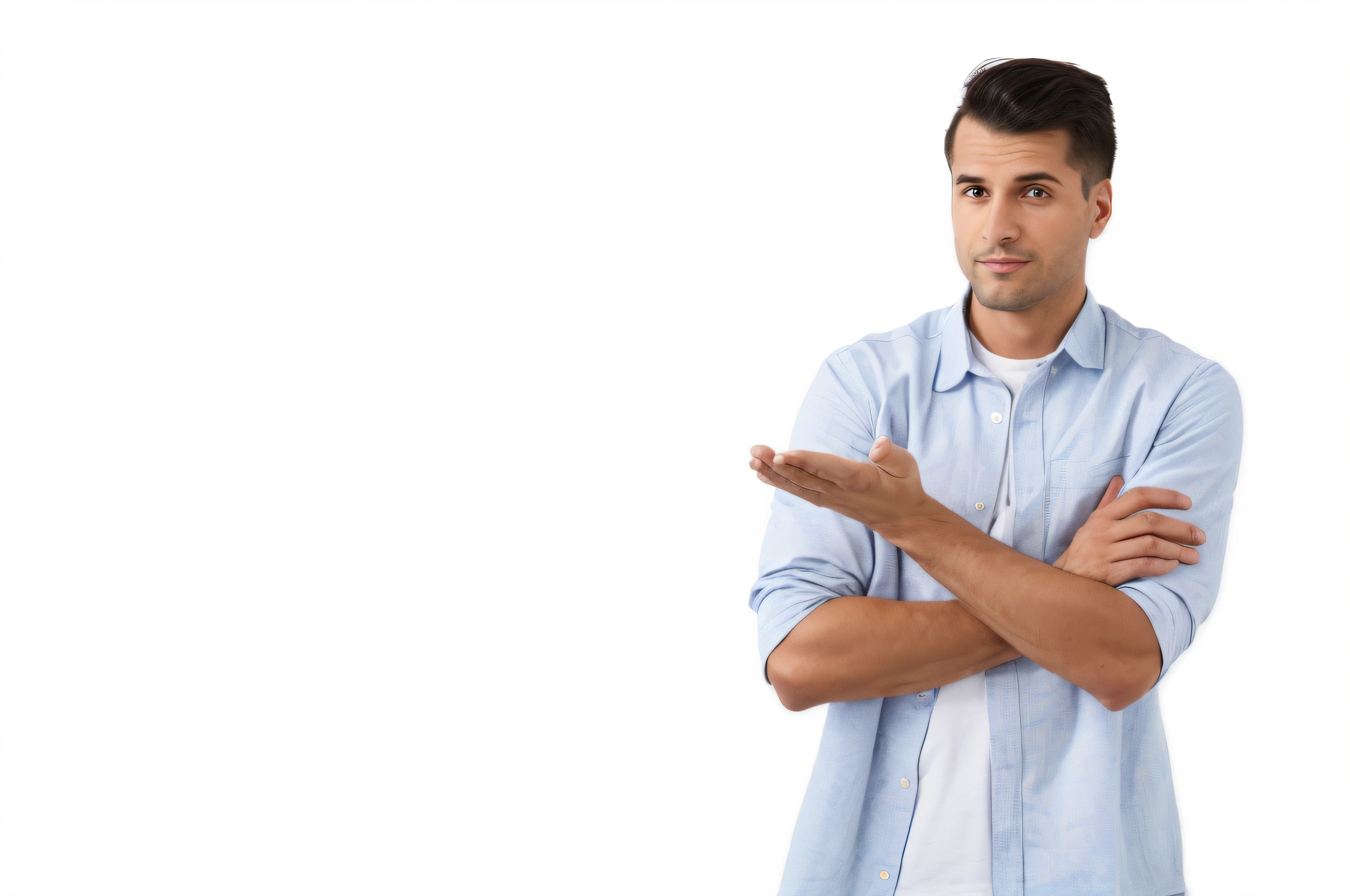 Man in blue shirt stands with his arms crossed, fundo liso, shrugging arms, no fundo preto, indistinct man with his hand up, standing with a black background, compostura alegre, em um fundo escuro, virados para os lados, olhando desta forma, man standing in defensive pose, meia imagem, looking threatening