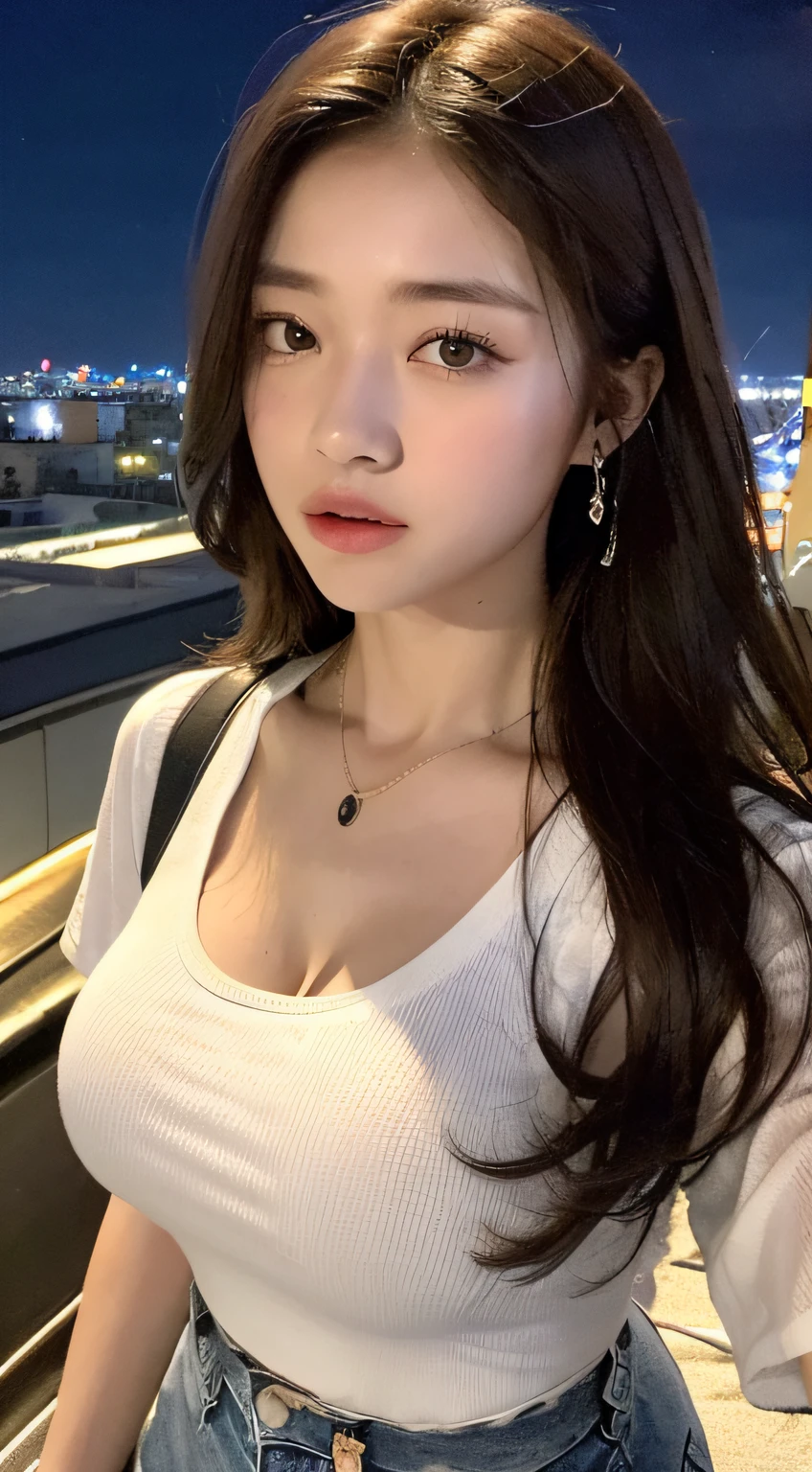 ((mid night、top-quality、8k、​masterpiece:1.3)), full bodyesbian, long legged, foco nítido:1.2, Beautiful woman with perfect body shape:1.4, Slender Abs:1.1, ((dark brown  hair、爆乳:1.2)), (White tight t-shirt、Jean Bib, is standing:1.2), ((Night City View、On the rooftop:1.3)), Highly detailed facial and skin texture, A detailed eye, 二重まぶた