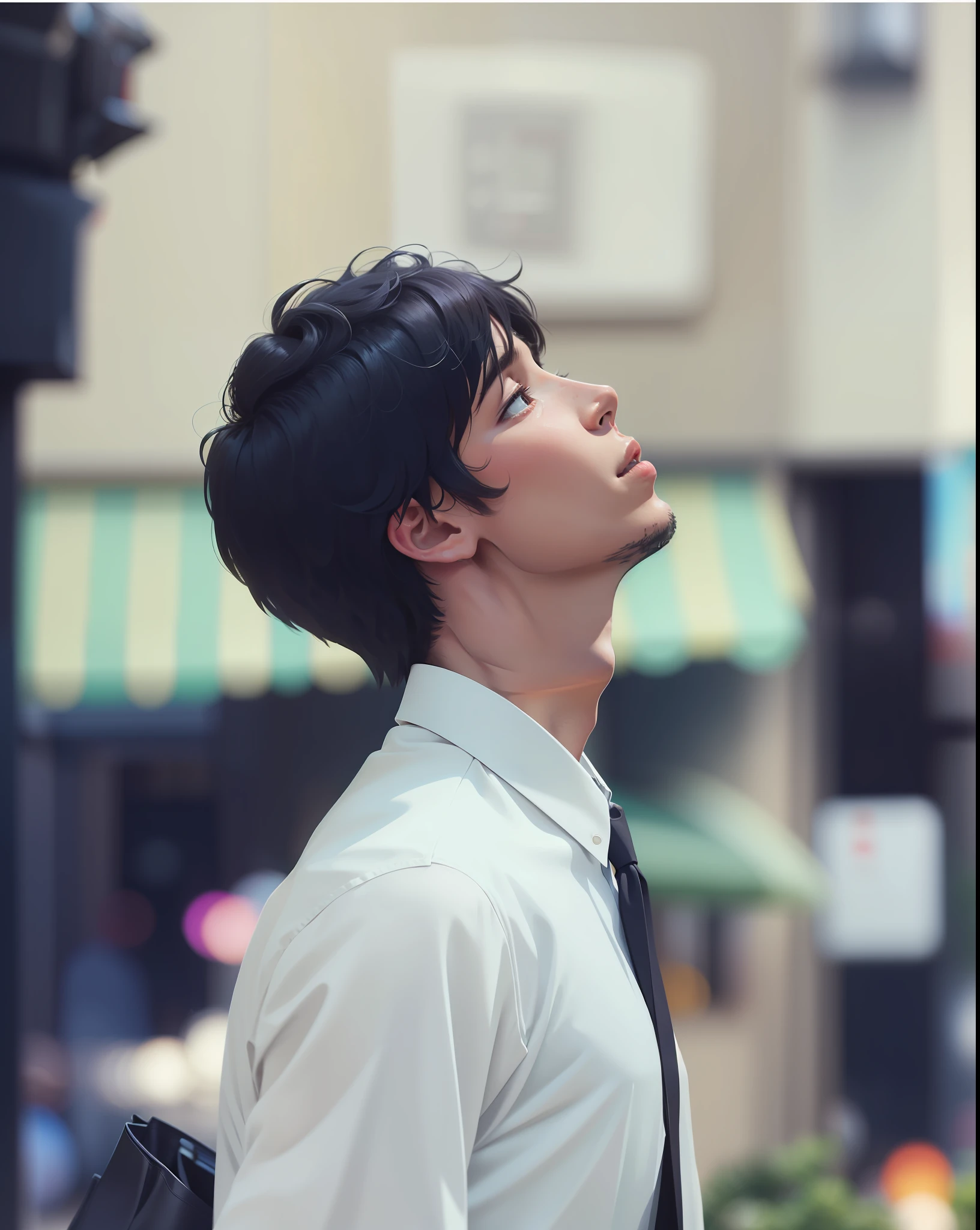 One wearing a white shirt,Black pantsuit,The boy carrying a black bag on one shoulder looked at a short black head、head looking up