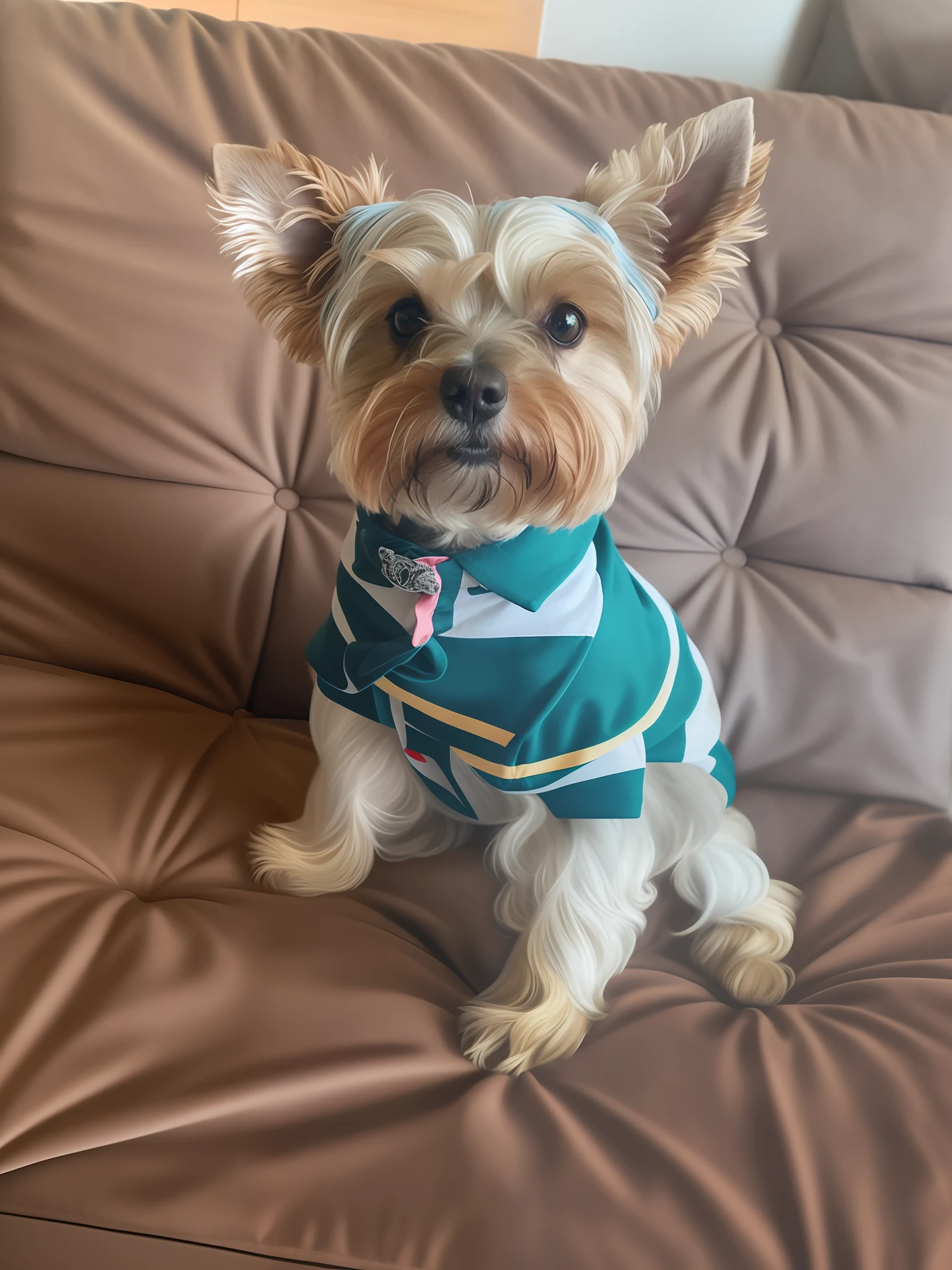 ((obra prima)), cinemactic, Yorkshire terrier sitting on a couch wearing a blue and white shirt, Yorkshire Terrier, tirado no iphone 14 pro, Looking towards the camera, staring directly at camera, olhar expressivo, Retrato frontal, Tomado com Sony Alpha 9, vestindo camisa polo, tirado no iphone 1 3 pro, staring directly at camera, Foto retrato, um bonito, vestindo uma camisa, front facing the camera, poster do filme barbie