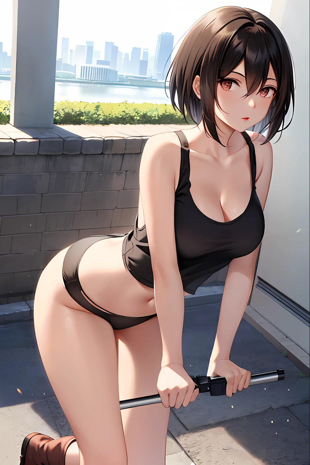 Female character Mikasa Ackerman，Camera left view，Side view，The sun shines on the lens，Silhouettes of characters appear，Full body like，with short black hair，Black eyes，Red lips，Early morning jogging on the riverside meadows，perspired，gasps，Wear it with a camisole vest，nedium breasts，hindquarters，white leggings underneath，Brown boots，（（tmasterpiece））