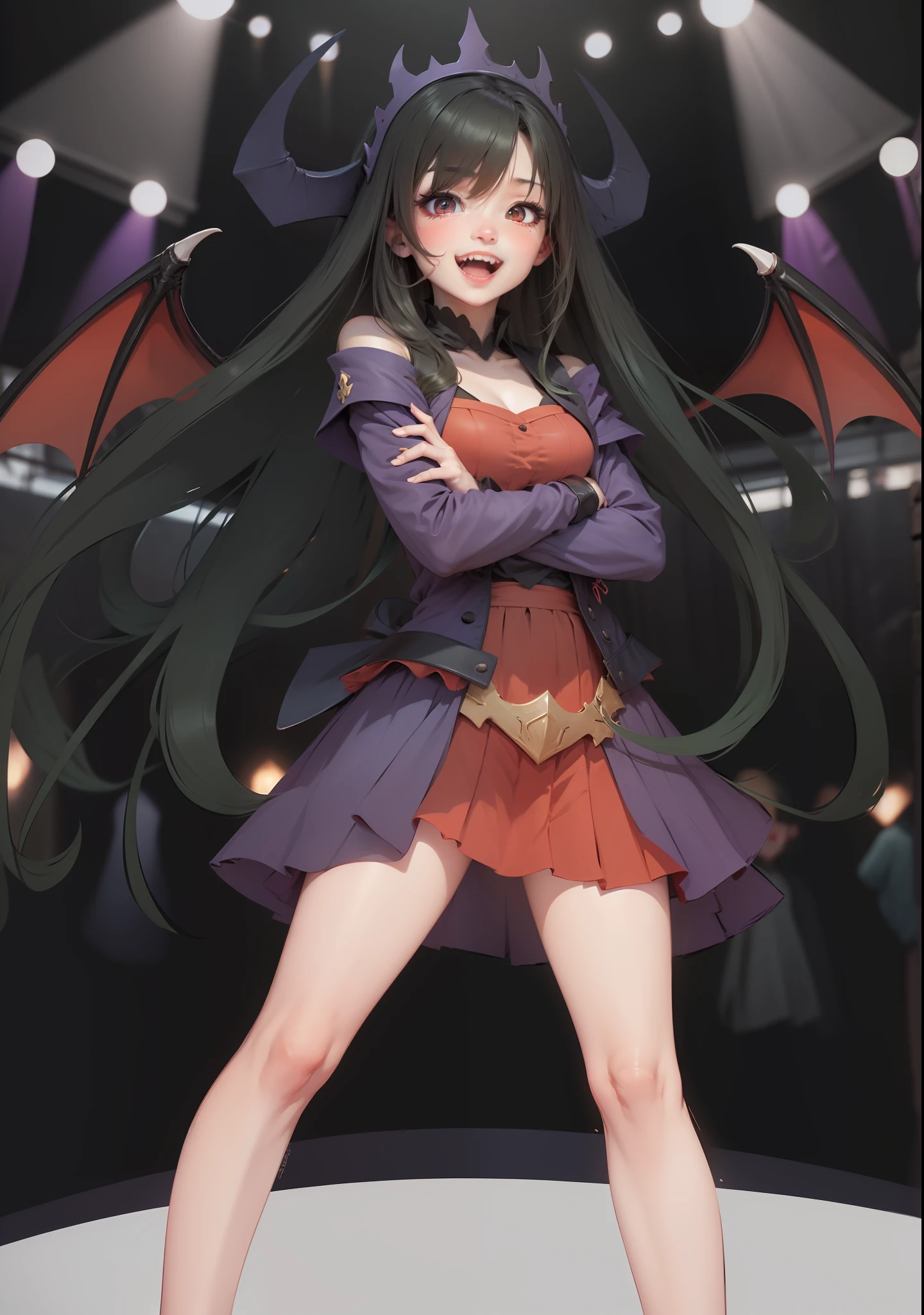 Vampire girls，Two fangs，The mouth is slightly open，Cheerful expression，Character backlighting