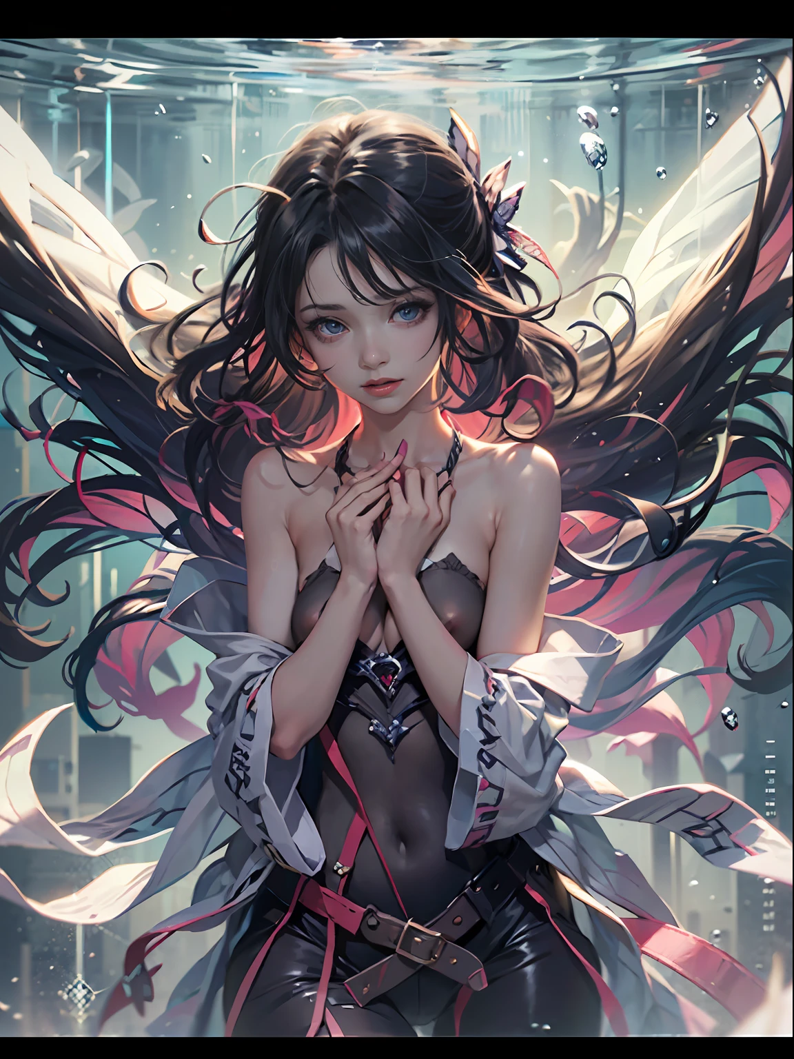 1 girl, solo, Wrap your hands around your chest, (full body:1.5), (Hair covers the chest and lower body:1.5), (topless:1.2),abyssal, ribbon, parted lips, expressionless, curtained hair, hair over shoulder, Romanticism, god rays, vignetting,panorama, underwater shot, emphasis lines, vanishing point, from below, (masterpiece), anatomically correct, (super detail), high details, high quality, (best quality), 8k