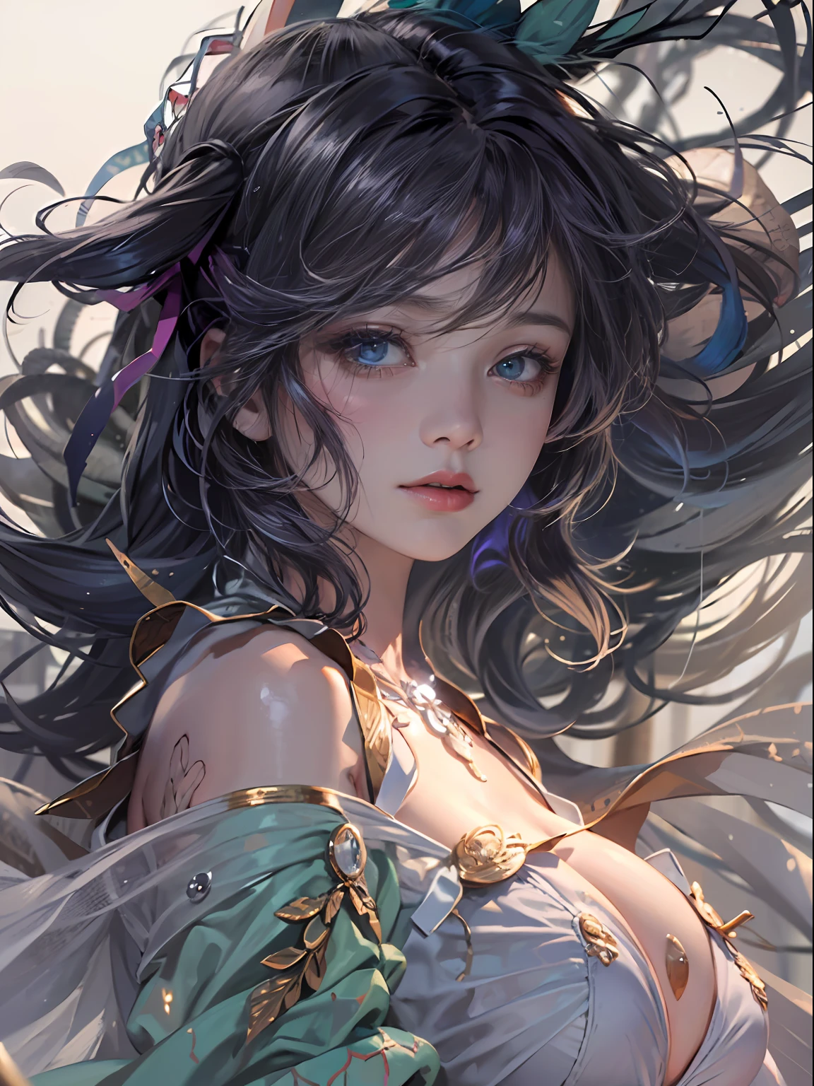 1 girl, solo, Wrap your hands around your chest, (full body:1.5), (Hair covers the chest and lower body:1.5), (topless:1.2)，abyssal, ribbon, parted lips, expressionless, curtained hair, hair over shoulder, Romanticism, god rays, vignetting,panorama, underwater shot, emphasis lines, vanishing point, from below, (masterpiece), anatomically correct, (super detail), high details, high quality, (best quality), 8k