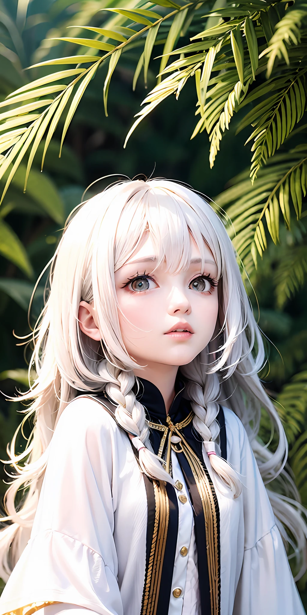 best quality, masterpiece,white hair, gold eyes,white clothes, looking up, upper body,hair strand,Fair skin,side braids