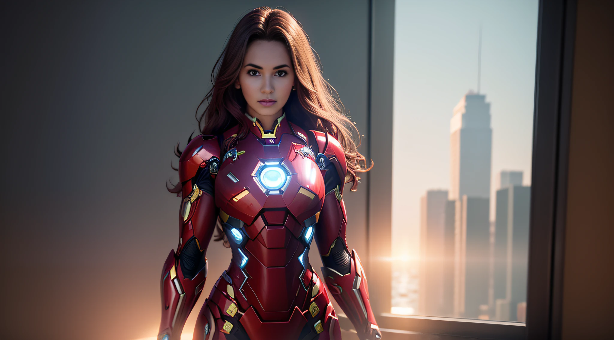 mulher com a roupa da Iron Man, cabelo loiro, Cena de filme, UHD, 8k,ray tracing,NVIDIA RTX,Super-Resolution,irreal --auto