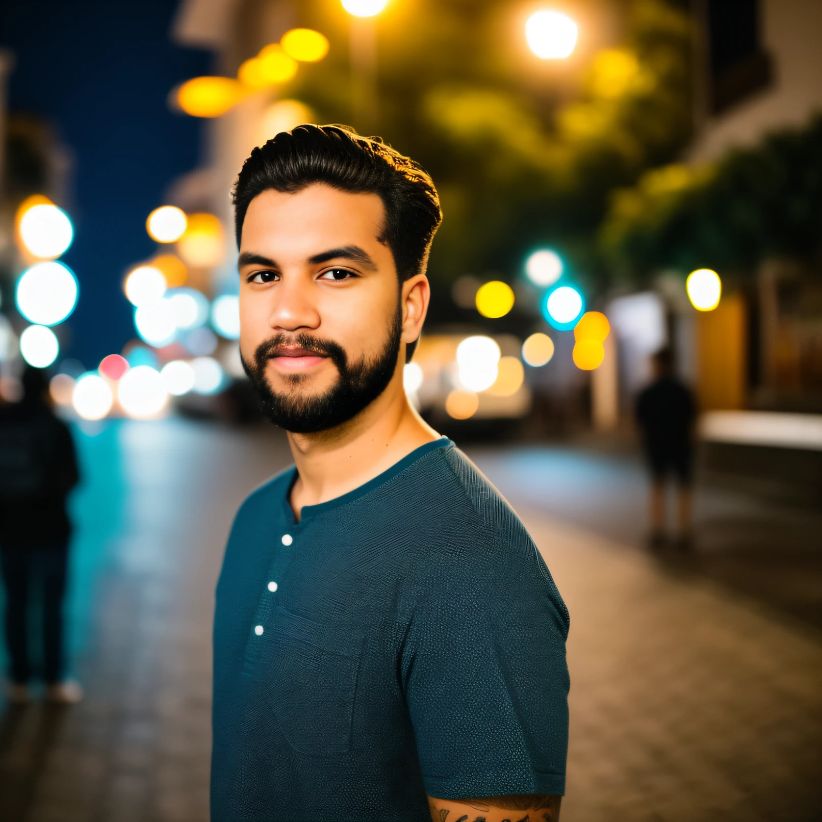 Foto RAW, um retrato de um homem de 25 anos, cabelo crespo, roupas casuais, noite, rua da cidade, (pele altamente detalhada: 1.2), 8k uhd, dslr, soft-lighting, alta qualidade, grain of film, Fujifilm XT3