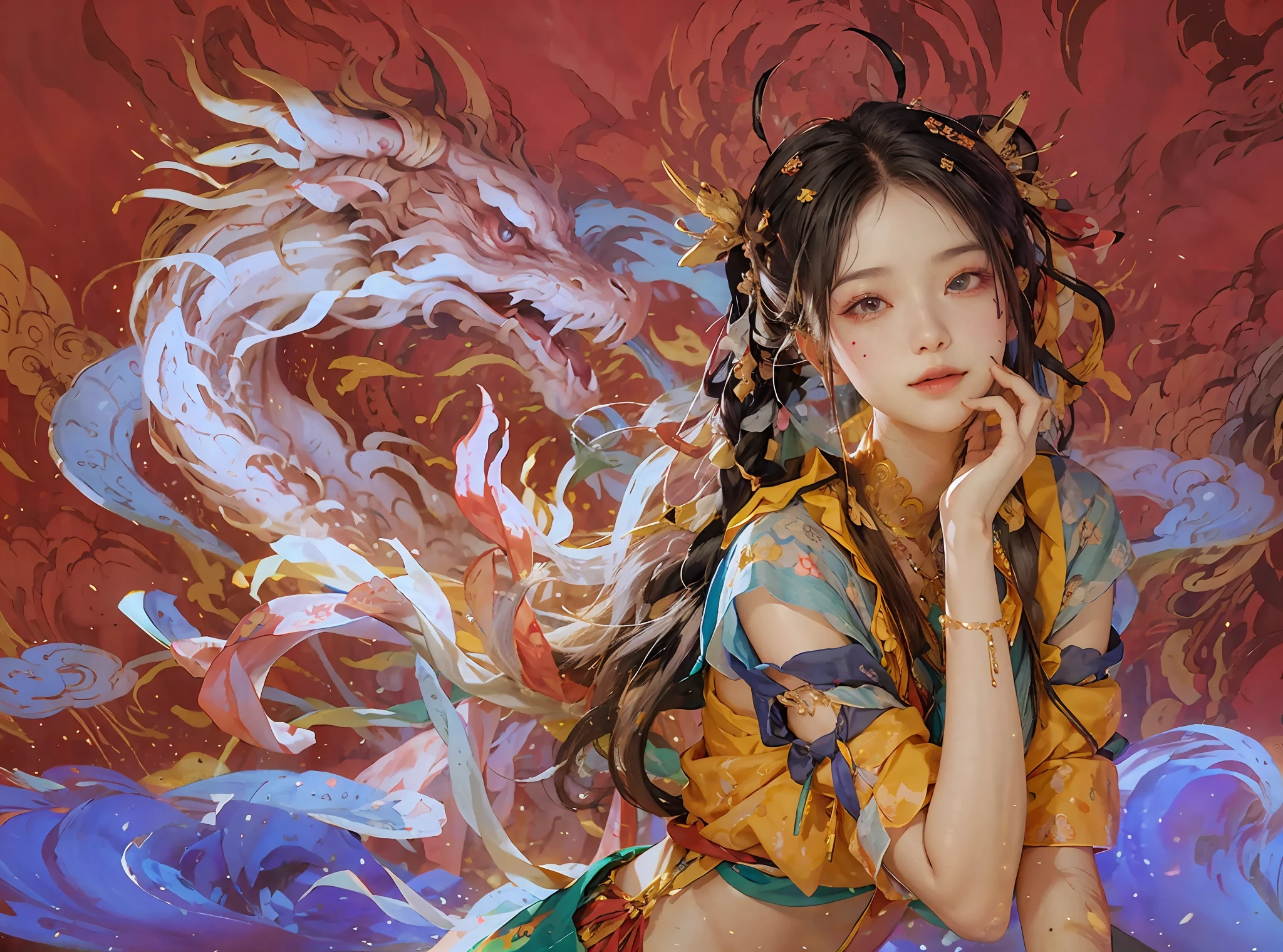 (RAW Photo, Best Quality), (Realistic, Photorealistic Real: 1.3), Best Quality, Highly Detailed, Masterpiece, Ultra Detailed, Illustration, 1 Girl, upper_body, Dynamic Angle, World Mastery Theater, messy_long_hair, Best Quality, Extremely Detailed CG Uniform 8k Wallpaper, Ink, Amazing, Sexy, Peach Blossom Eyes, Gray Hair, Smile, Movie Lights, lens_flare, dunhuang_style