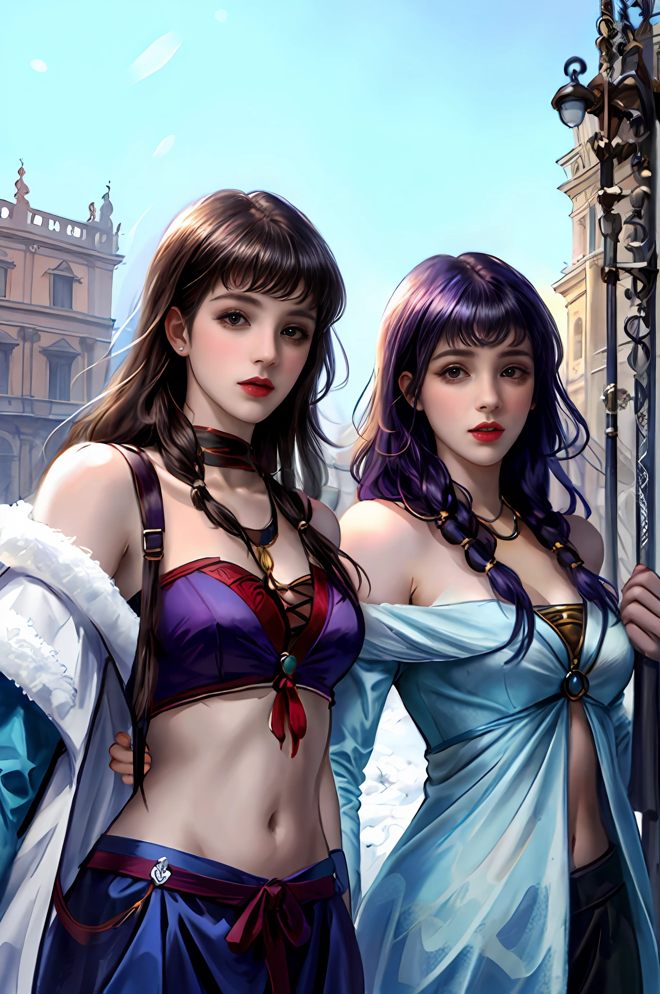 （Positive focus),2girls,duo,navel,(on the St. Peter's Square of Vatican,crowd,winter,Snowy),Surrealistic Female Portraits by David Hockney and Alphonse Mucha,Fantasy art,photograph realistic， Dynamic lighting，art  stations,poster for,Volumetriclighting,Very detailed faces,4K,Award-Awarded,Fantastic costumes,Deep shadows,low tune,cowboy lens， （official outfit：1.4）， looking at the camera in， Half-body shot，（（Realistic face））），