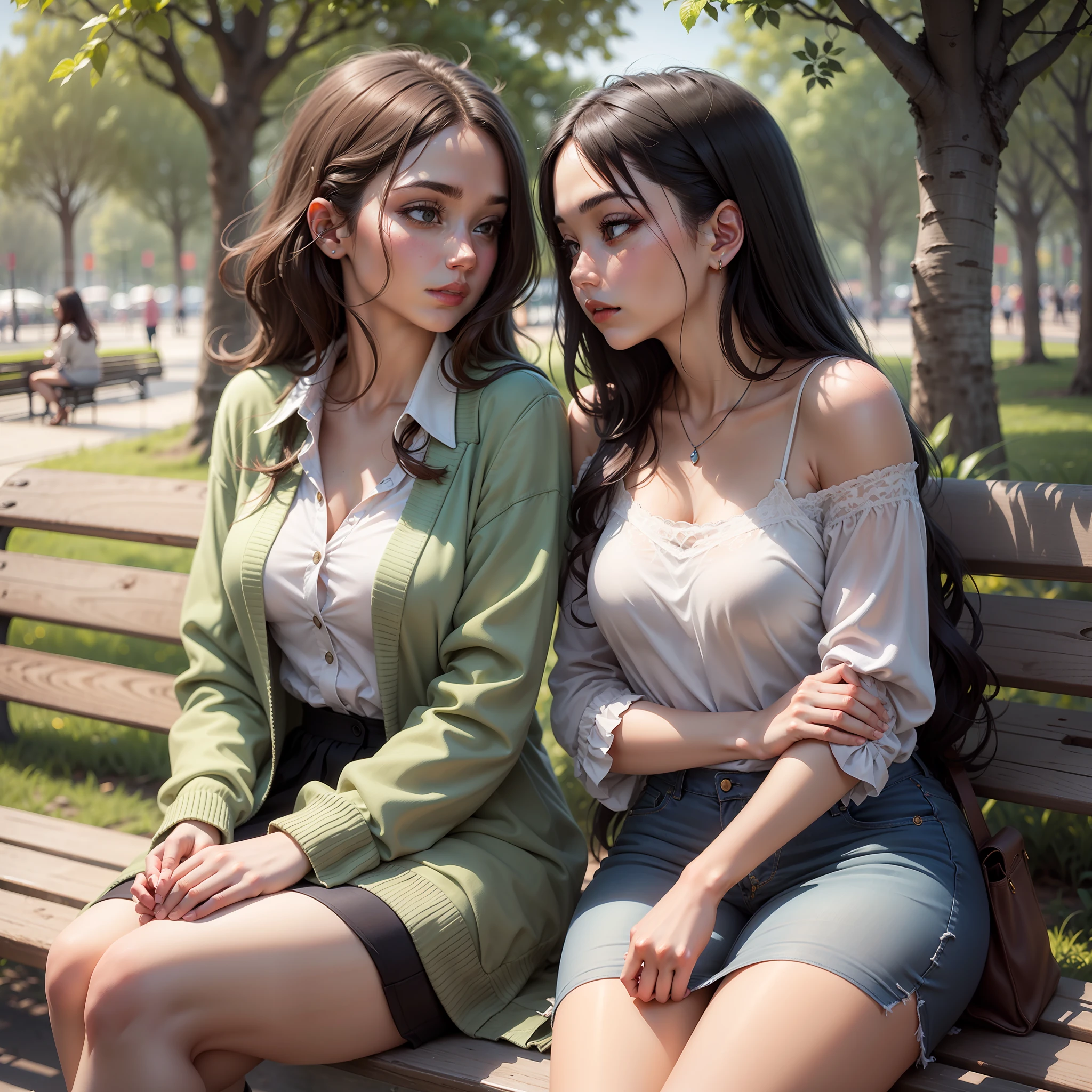 Beautiful woman, listening to her friend talk, sitting on a bench together in a park