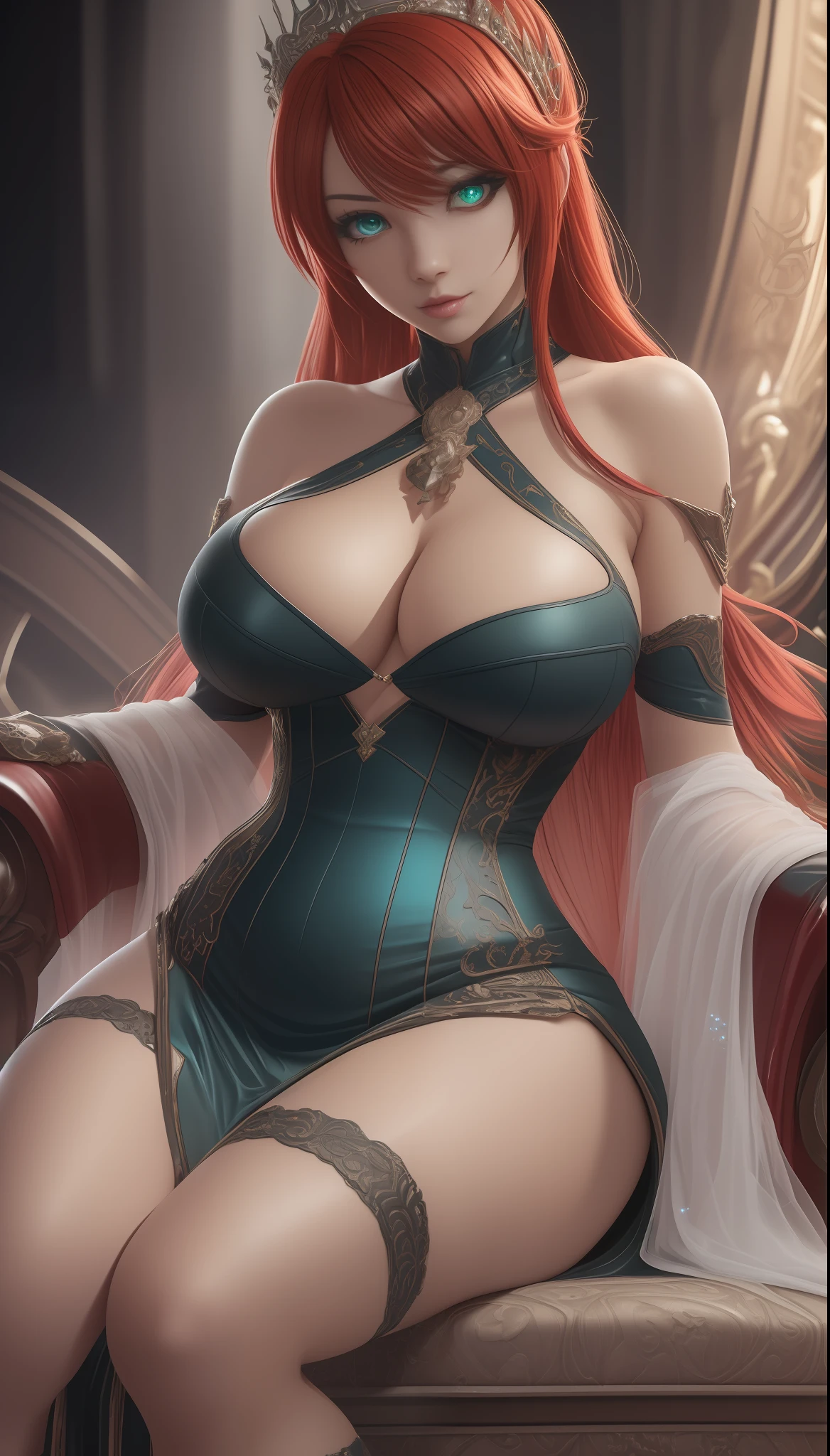 ((beautiful sexy girl)), (((big breasts))), (((Rias Gremory))), ((blue-green sparkling eyes irises)), ((long crimson red hair, big breasts, cleavage) ), ((perfect composition)), ((sexy, extremely attractive face)), ((Best quality)), ((masterpiece)), (detailed:1.4), 3D, ((wearing sexy braided dress on bust )), ((sitting on the royal throne, Halloween style)), ((Best quality)), ((masterpiece)), (detailed:1.4), 3D, ((HDR)), (high dynamic range), ((ray tracing)), ((NVIDIA RTX)), (((super-resolution))), ((unreal 5)), ((PBR texture)), ((post-processing)), ((anisotropic filtering)), Depth of field, ((maximum clarity and sharpness)), ((multilayer textures)) ,Albedo and specular maps,((surface shading)), (( perfect proportions)), ((octane render)), ((Two-Tone Lighting)), ((Wide Aperture)), ((Low ISO)),((White Balance)), ((Rule of Thirds)) ,8K RAW,