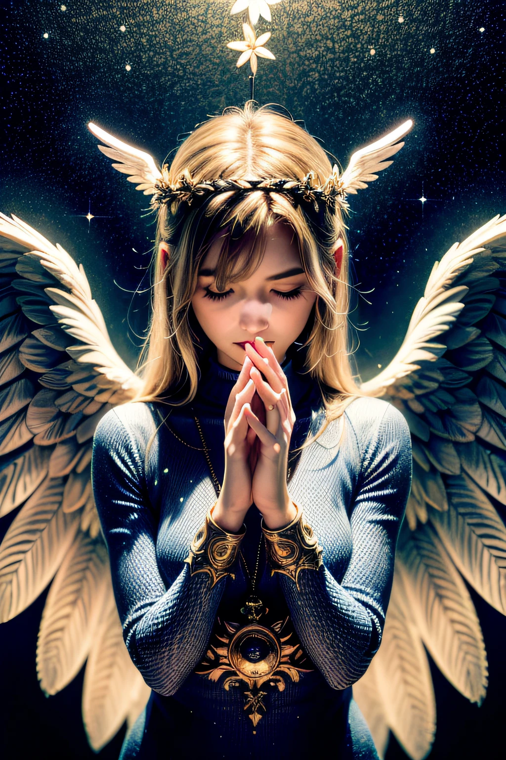 (masterpiece), (best quality:1.4), absurdres, [:intricate details:0.2], angel, angel wings, milky way, sky, shimmering aura, intense focus, crackling energy, mysterious symbols, sparkling motes,