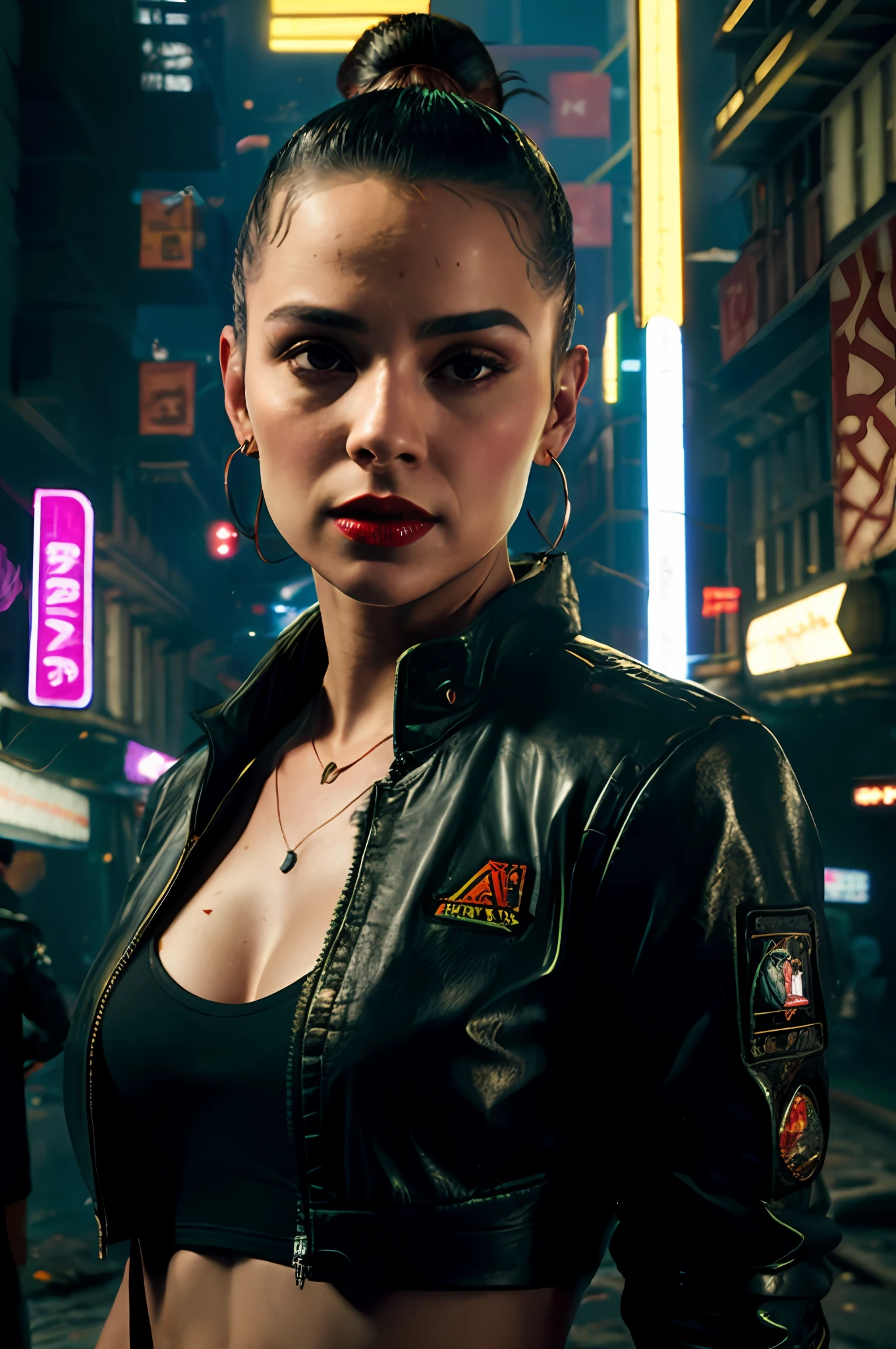 Close-up, uma supermodelo muito bonita, blonde, com quadris muito largos e cintura estreita, full lips, cintura pequena e quadris grandes, Red lipstick, com roupas cyberpunk em uma cidade cyberpunk movimentada com placas de neon, neon lights, foco nítido, Studio photo, detalhes intrincados, altamente detalhado, profundidade de campo, foco nítido, High detail, textura de pele realista, Realistic, fotorrealista, arte digital, pintura fosca, Directed by: Greg Rutkowski
