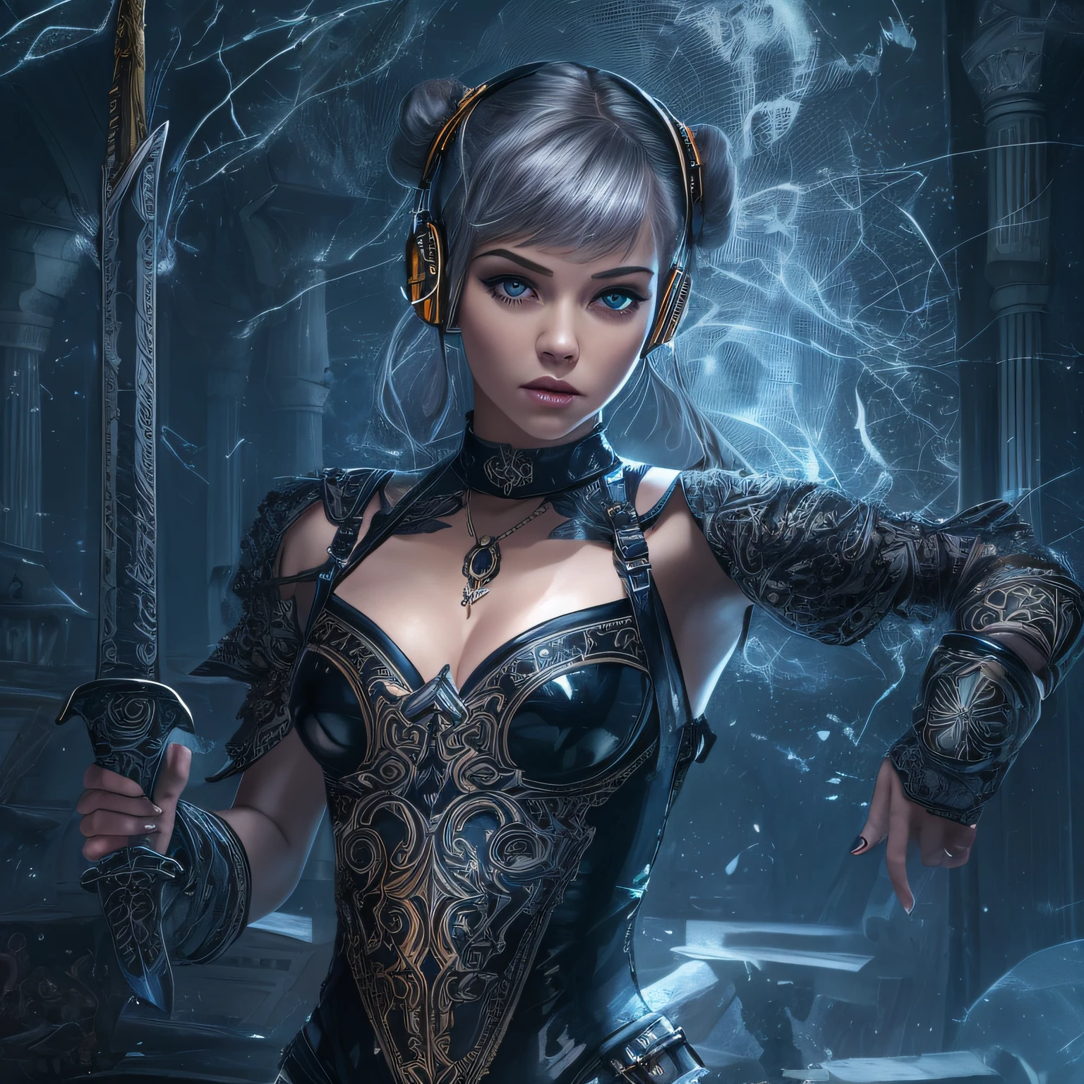 8k masterpiece, wallpaper, full height body potrait of a photorealistic beautiful short silver hairstyle with pigtails and buns seductress queen, wearing beautiful detailed sci-fi headphones ,beautiful, very detailed beautiful face, intricate tattoes, gently with a sword in a scabbard, model hair, in a beautiful very detailed magic room with flying bright glowing trails of energy, choker style colar, detailed face, full body,in very detailed beautiful sexy black dark intricate short latex dress, hides her bare chest with her hands,sexy full body, beautiful eyes, lo-fi, future, Perfectly Centred, Hyper Realistic Cover Photo, High Definition, Cinematic, Smooth, Ultra High Definition, Ultra Sharp Focus, Intricate Artwork, Masterpiece, Epic, Stunning Realistic Photograph, Intricately Detailed, Cinematic, small top, ((1 sword)), 1 sword