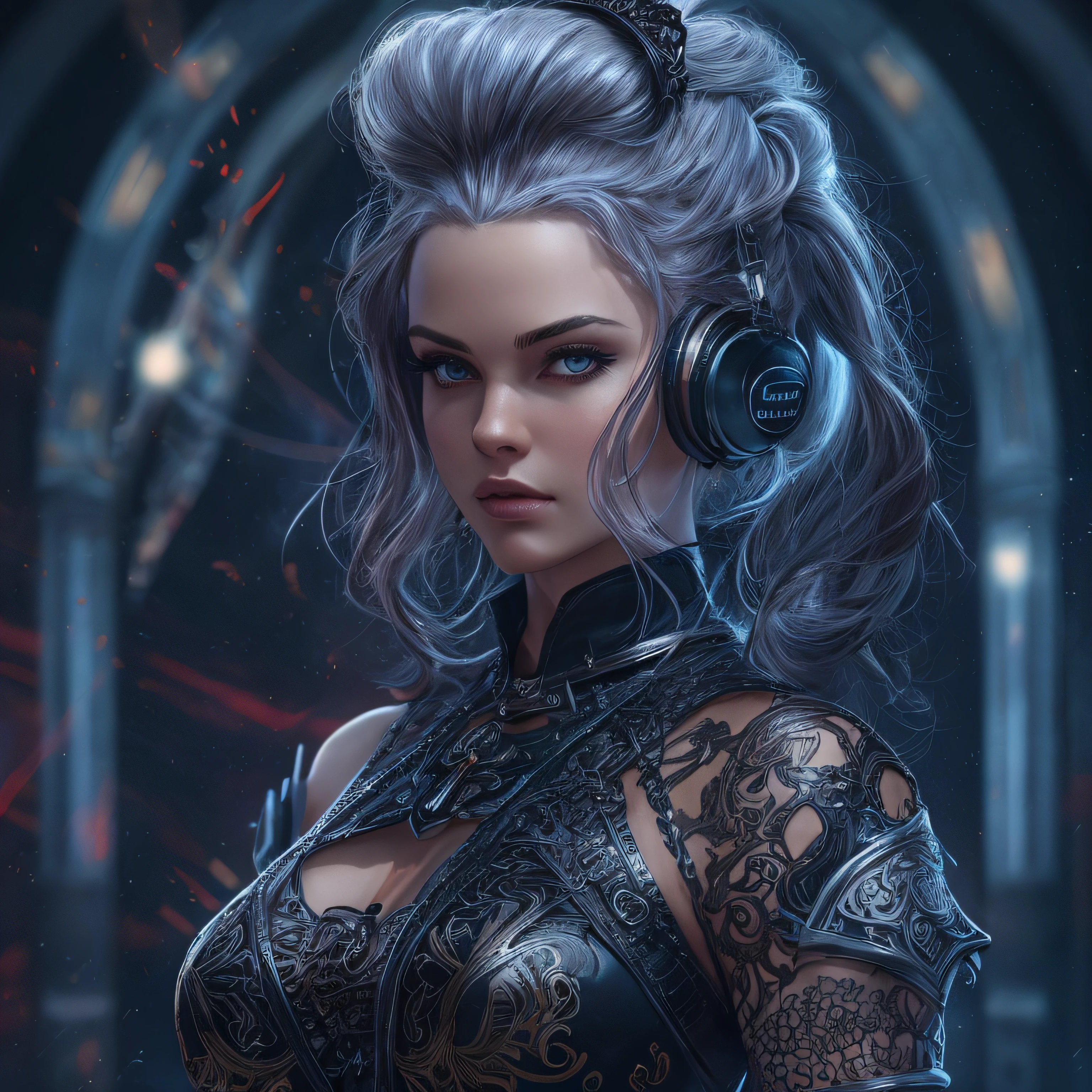8k masterpiece, wallpaper, full height body potrait of a photorealistic beautiful short silver hairstyle with pigtails and buns seductress queen, wearing beautiful detailed sci-fi headphones ,beautiful, very detailed beautiful face, intricate tattoes, gently with a sword in a scabbard, model hair, in a beautiful very detailed magic room with flying bright glowing trails of energy, choker style colar, detailed face, full body,in very detailed beautiful sexy black dark intricate short latex dress, hides her bare chest with her hands,sexy full body, beautiful eyes, lo-fi, future, Perfectly Centred, Hyper Realistic Cover Photo, High Definition, Cinematic, Smooth, Ultra High Definition, Ultra Sharp Focus, Intricate Artwork, Masterpiece, Epic, Stunning Realistic Photograph, Intricately Detailed, Cinematic, small top, ((1 sword)), 1 sword