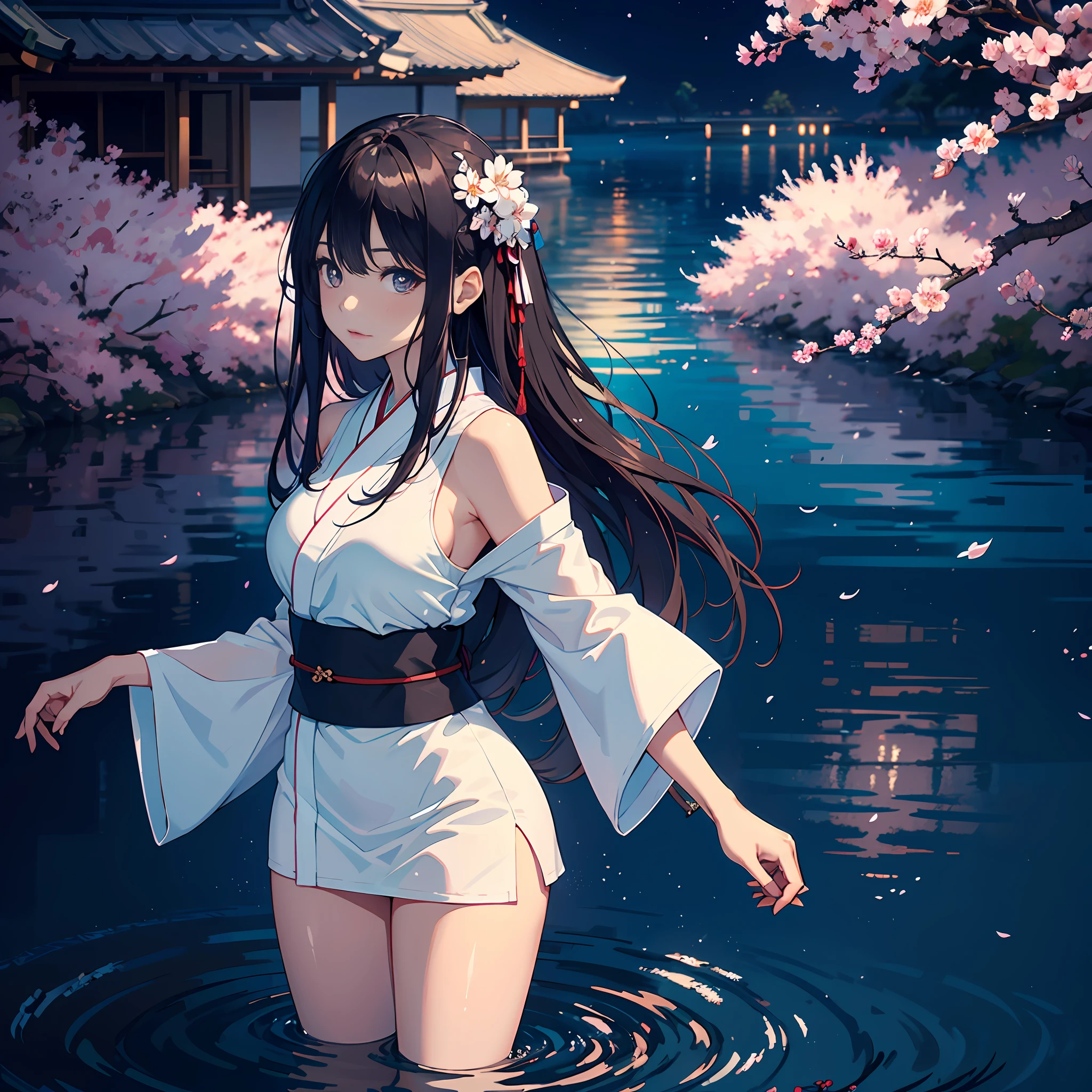femele,Side Body,Big breasts,Pubic hair shows through,Japanese white kimono,moon full,cropped shoulders,red waistband,long whitr hair,Japanese kimono hair,brunette color hair,wading,show legs,Cherry blossom hair accessories ,the night,独奏,Front focus,(((tmasterpiece),(Very detailed CG unity 8K wallpaper),best qualtiy,,独奏,1girll,cinmatic lighting,detailed back ground,beatiful detailed eyes,Bright pupils,(Very fine and beautiful),(Beautiful and detailed eye description),ultra - detailed,tmasterpiece,)),,Huge ,drenched clothes(1.4),,Behind the back of the hand,Hands lift the corners of the skirt,