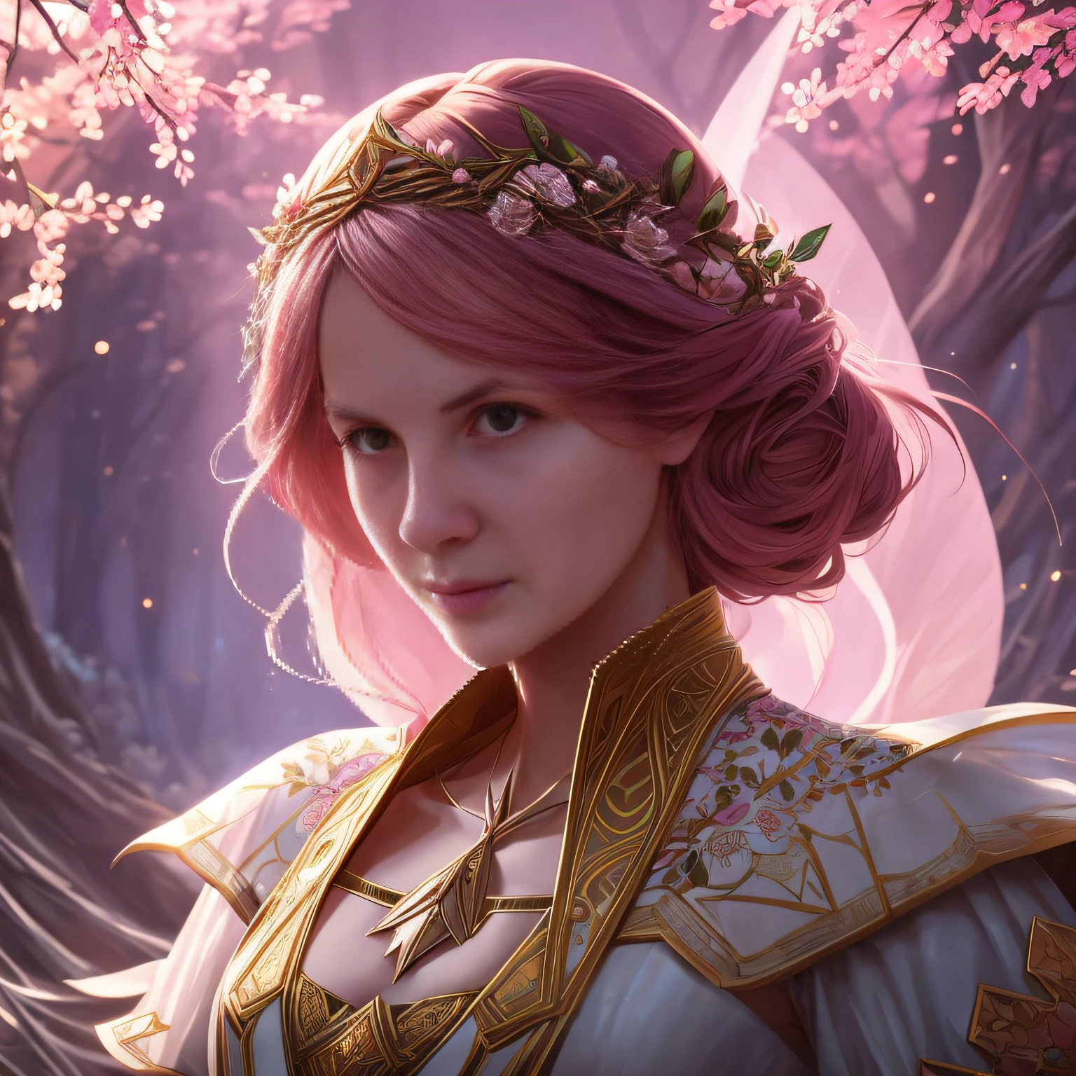 (symmetry: 1.1) (floral portrait: 1.05) a woman as a FAIRY OF THE FOREST, (assassins creed style: 0.8), pink and gold and opal color scheme, a lot of pink, Beautiful rays of light, Warm light, beautiful and intricate filegrid face painting, intricate, elegant, highly detailed, digital painting, art station, concept art, smooth, sharp focus, illustration, art by Greg Rutkowski and Alphonse Mucha, 8K --auto