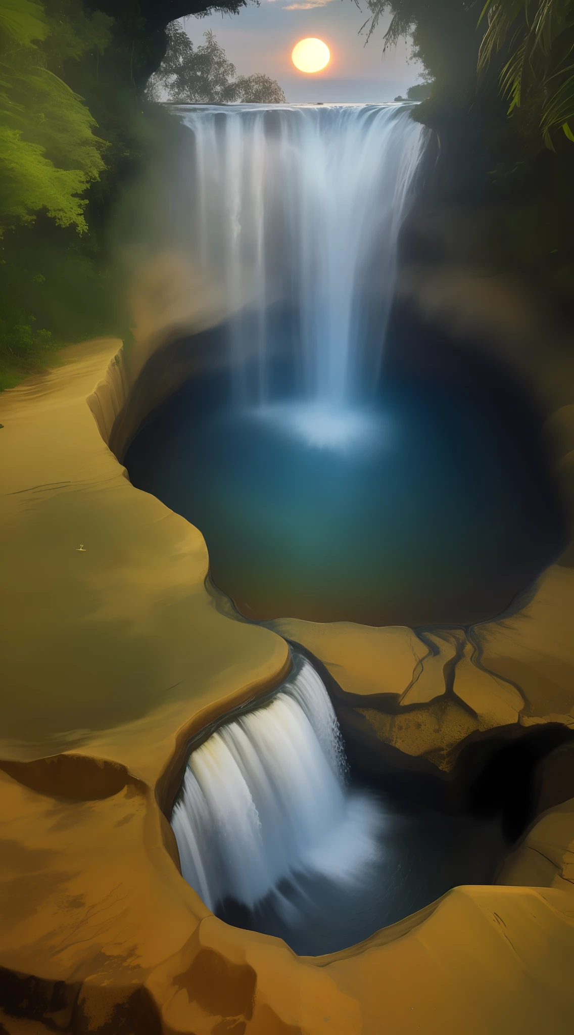 cachoeira,8k, realista, Stars in the sky,Corujas,bottomless pit, por do sol