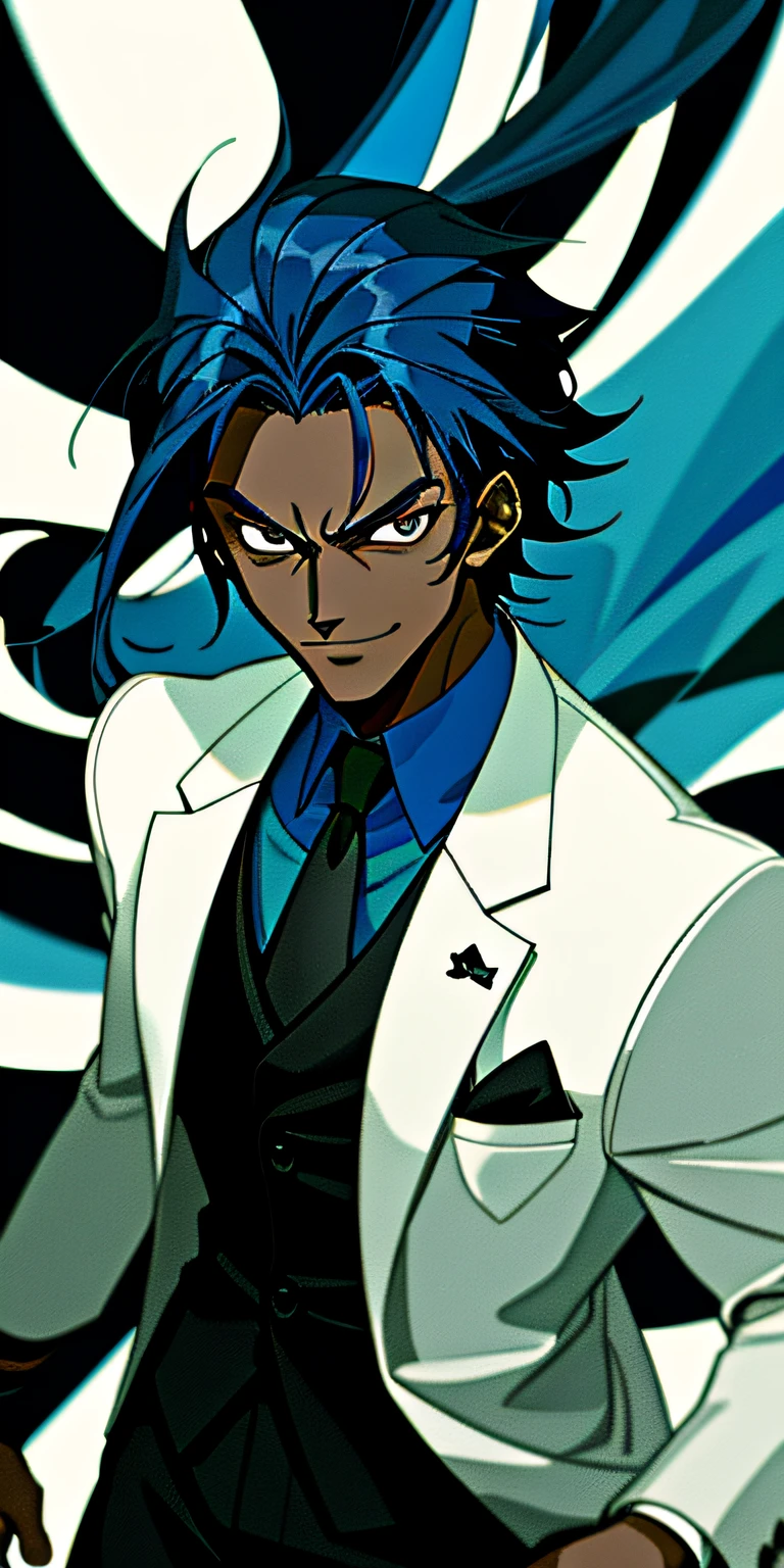 (master piece, cool art), anime art style, (dark blue hair, black skin, black and white suit, cool vibe), smirk smile.