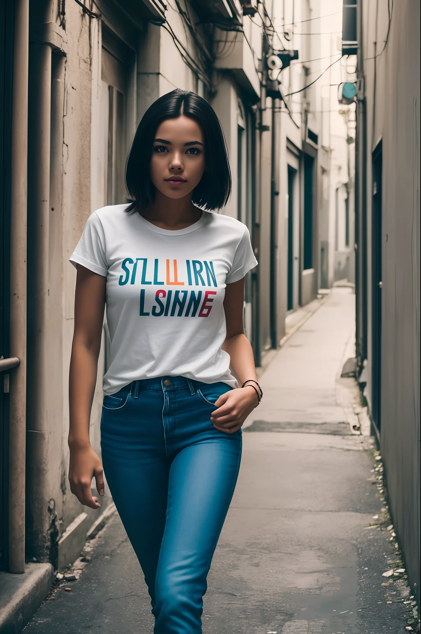 1girl , Sexy latin young girl, round neck white plain Tee-shirt, full length tee-shirt, tight jeans, cyberpunk, dark alley, midnight, neon light, bladerunner,
(35mmstyle:1.1), front, masterpiece, (photorealistic:1.3), high frequency details, 35mm film, (film grain), film noise, cinematic lighting