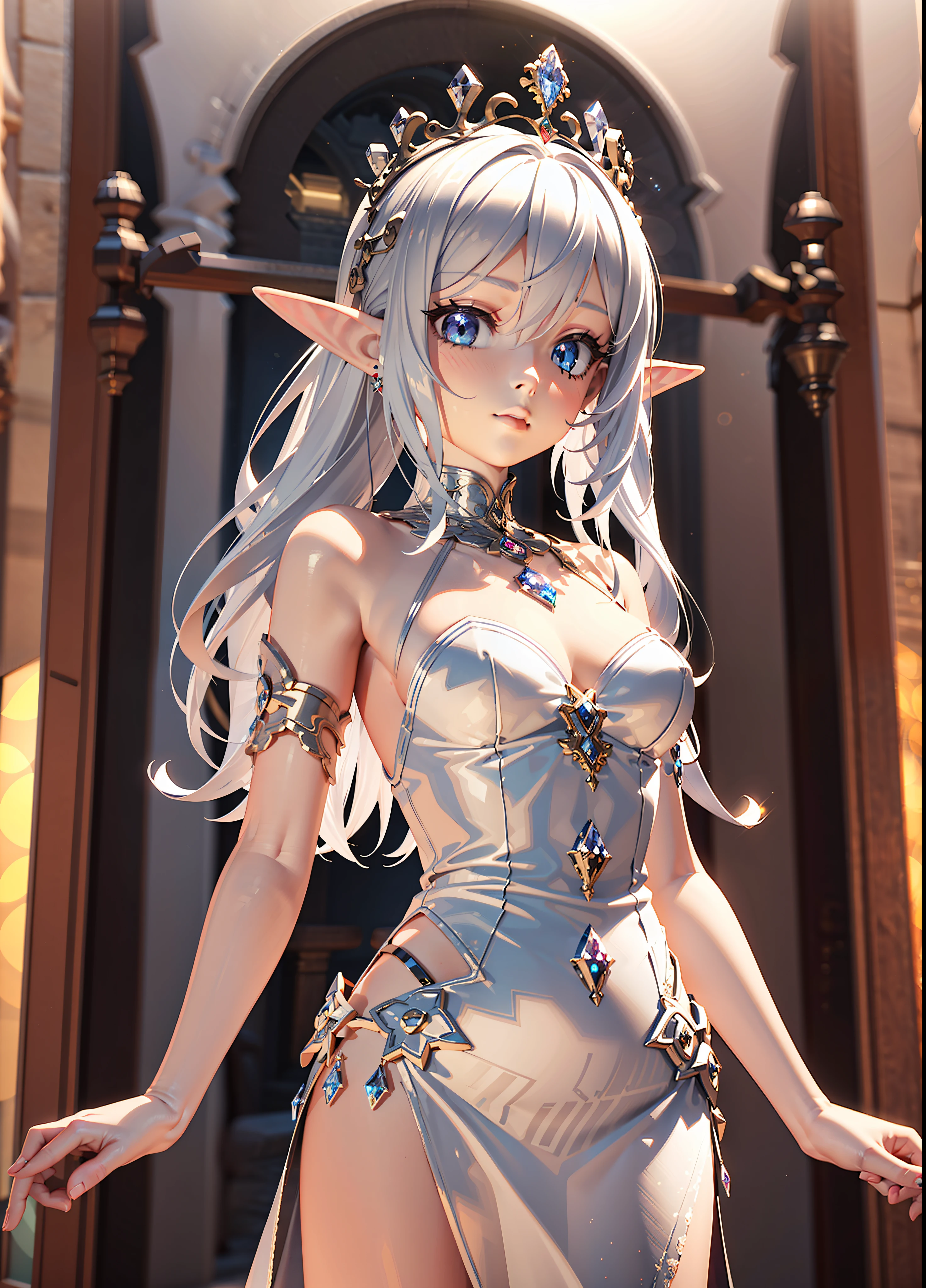 1girl, elf, elf queen, white colored hair, silver eyes, Crystal Crown, diamonds, (((Silver Fantasy Dress))), semi transparent dress, transparent dress, Sparkling, bokeh, (3d:1.5), UHD, Unreal engine, SFX, volumetric lights
