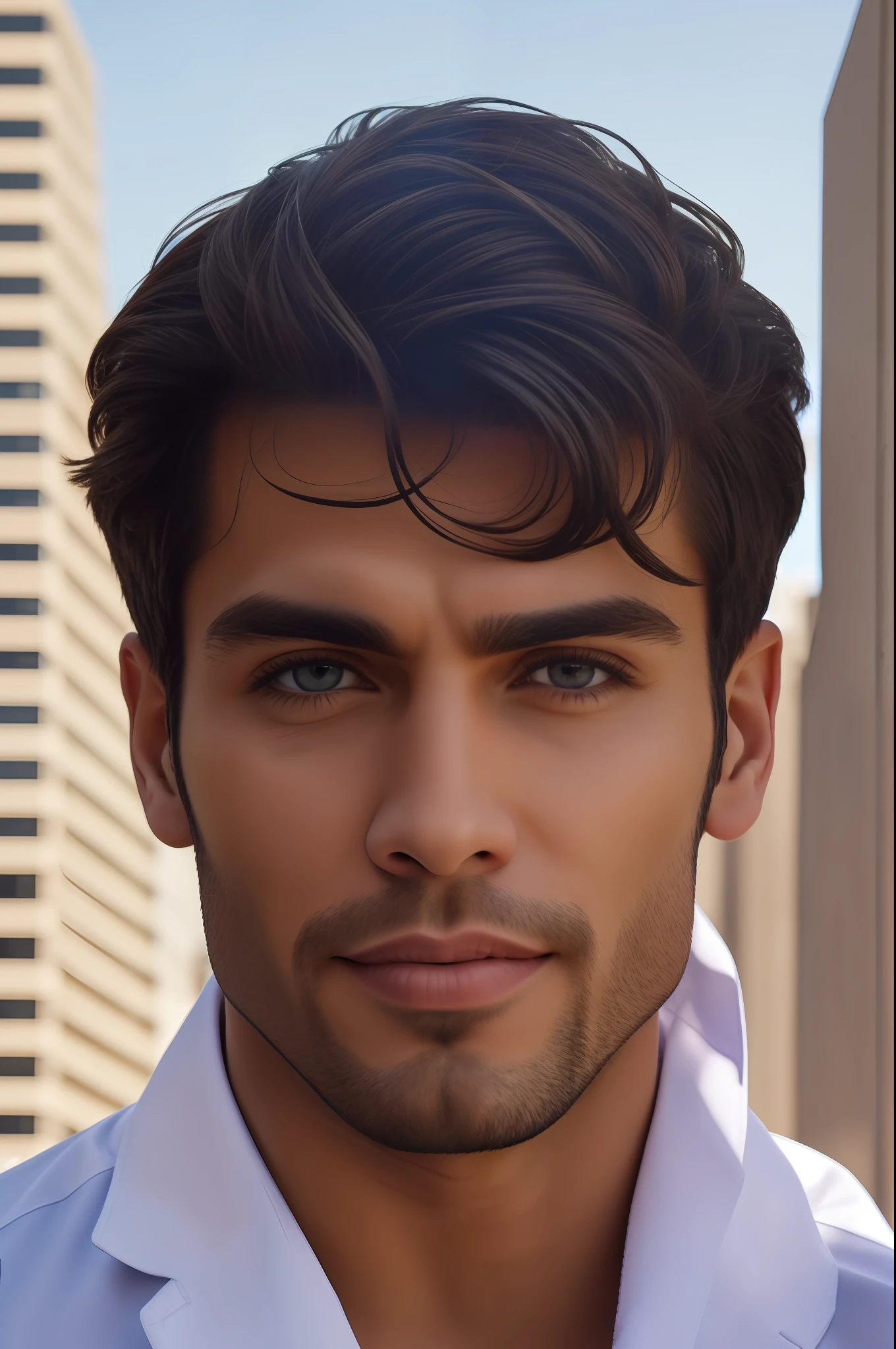(masterpiece), best quality, ultra-detailed, an extremely handsome (South American man), strong face, rugged features, muscular physique, suit and tie attire, cityscape as background, blue sky, bright daylight, confident smile, sharp jawline, glossy hair.