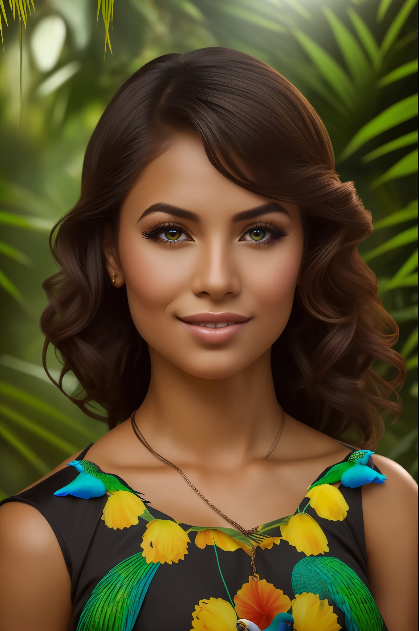 (high resolution, stunning), South American woman, (dark complexion:1.2+bronze skin:1.1), beautiful eyes, (long+curly hair:1.3), traditional clothing, (vivid backdrop:1.2+lush jungle+exotic birds:1.3), radiant beauty, tropical scenery.